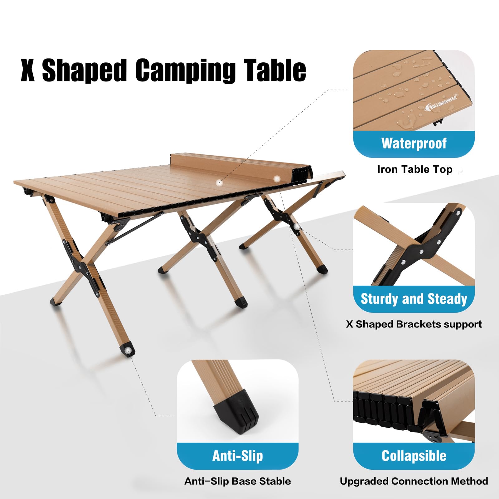 rollingsurfer Table de Camping Portable, Table Pliante Camping en Aluminium avec Sac de Transport, Compacte Table Exterieur pour La Plage, Le Barbecue et La Fête, Support 50 kg