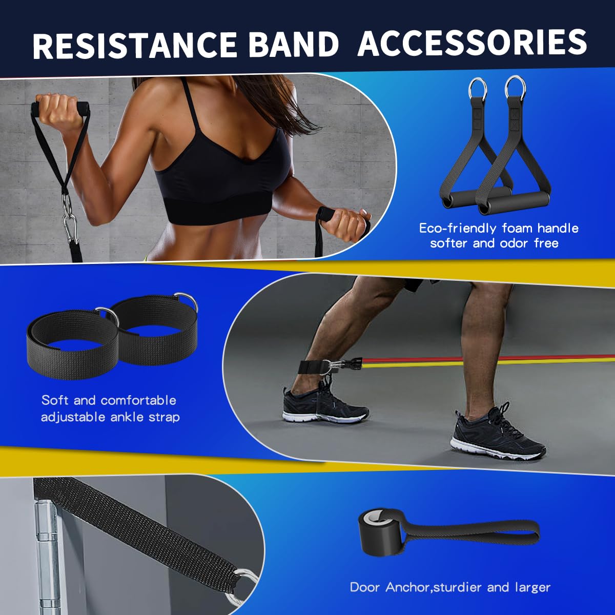 WHATAFIT Bandas de resistencia, juego de bandas de entrenamiento con asas, bandas de ejercicio de 100 libras para gimnasio en casa, incluye anclaje de puerta y correas de tobillo para entrenamiento de