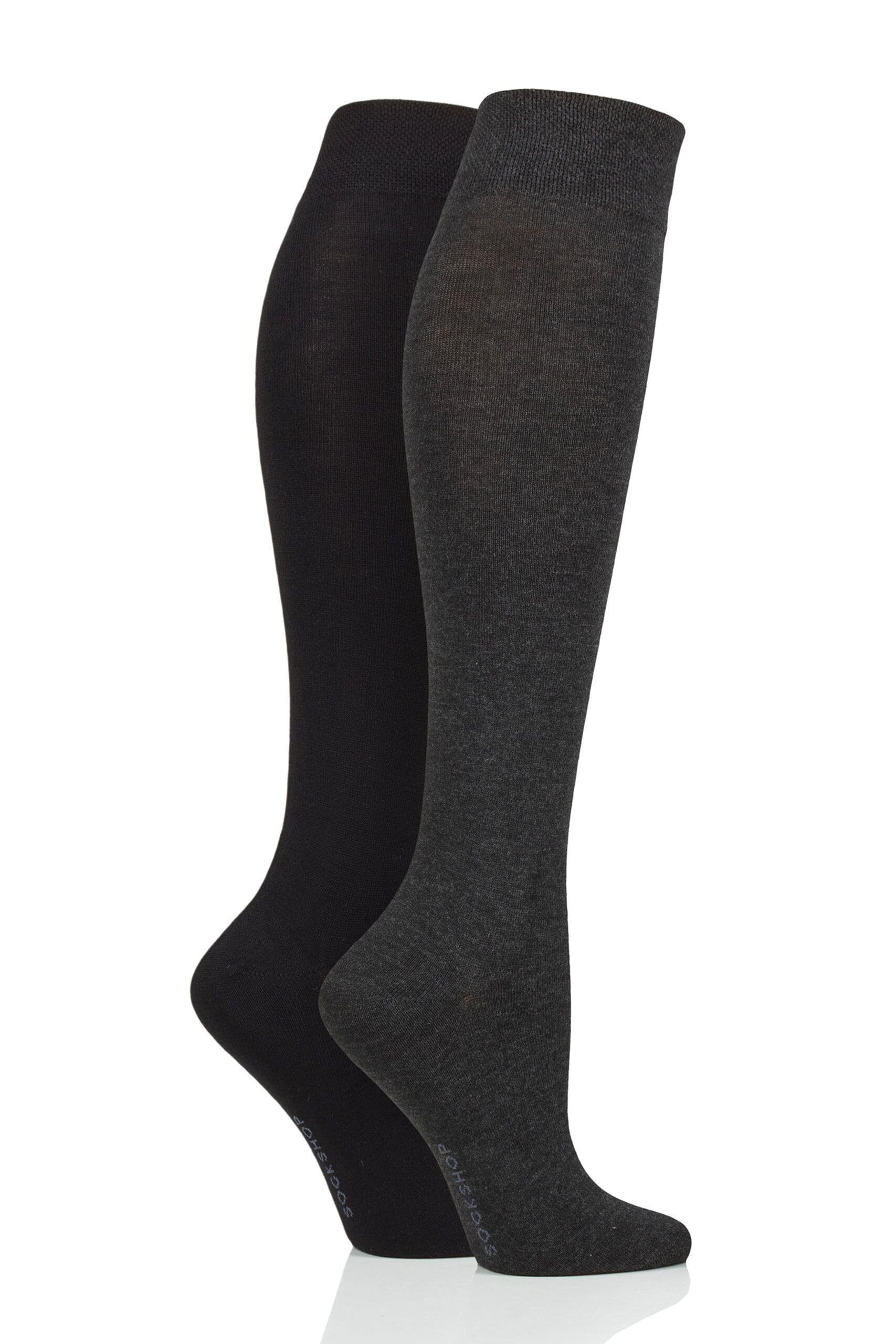 Sockshop Women's Grey Bamboo Knee High Socks - Long Socks In Plain And Striped Designs, Fun, Fashionable In Bright Colours, Soft And Breathable For Comfort, Pack Of 2 Pairs Size 4-8 4-8