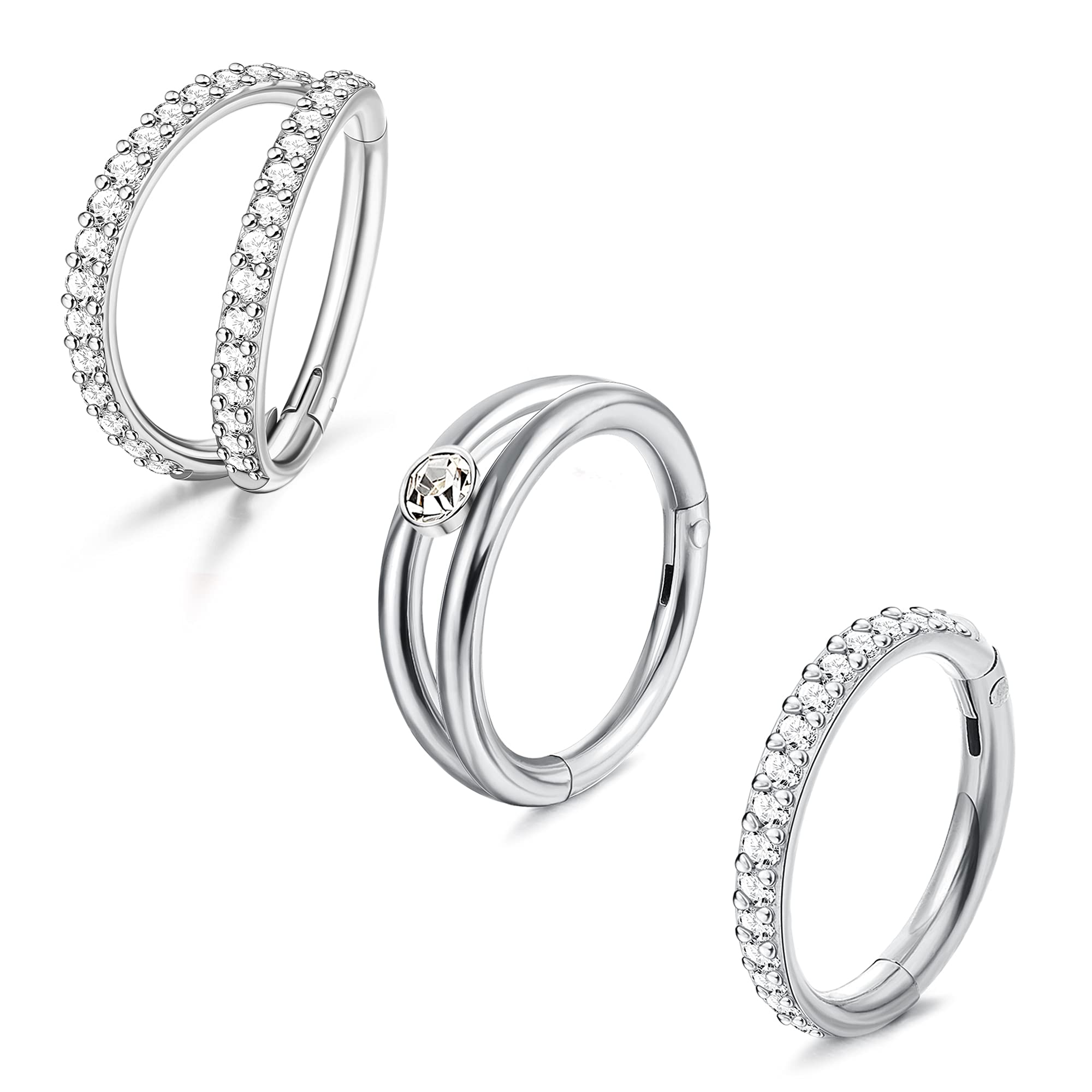 JeweBella 3PCS 16G 316L Acero Qirurgico Body Piercing Helix Segmento Clicker Clear CZ Pavimentado Cartílago Pendientes Aro Tragus Daith Nariz Piercing para Mujer Hombre 8-10MM