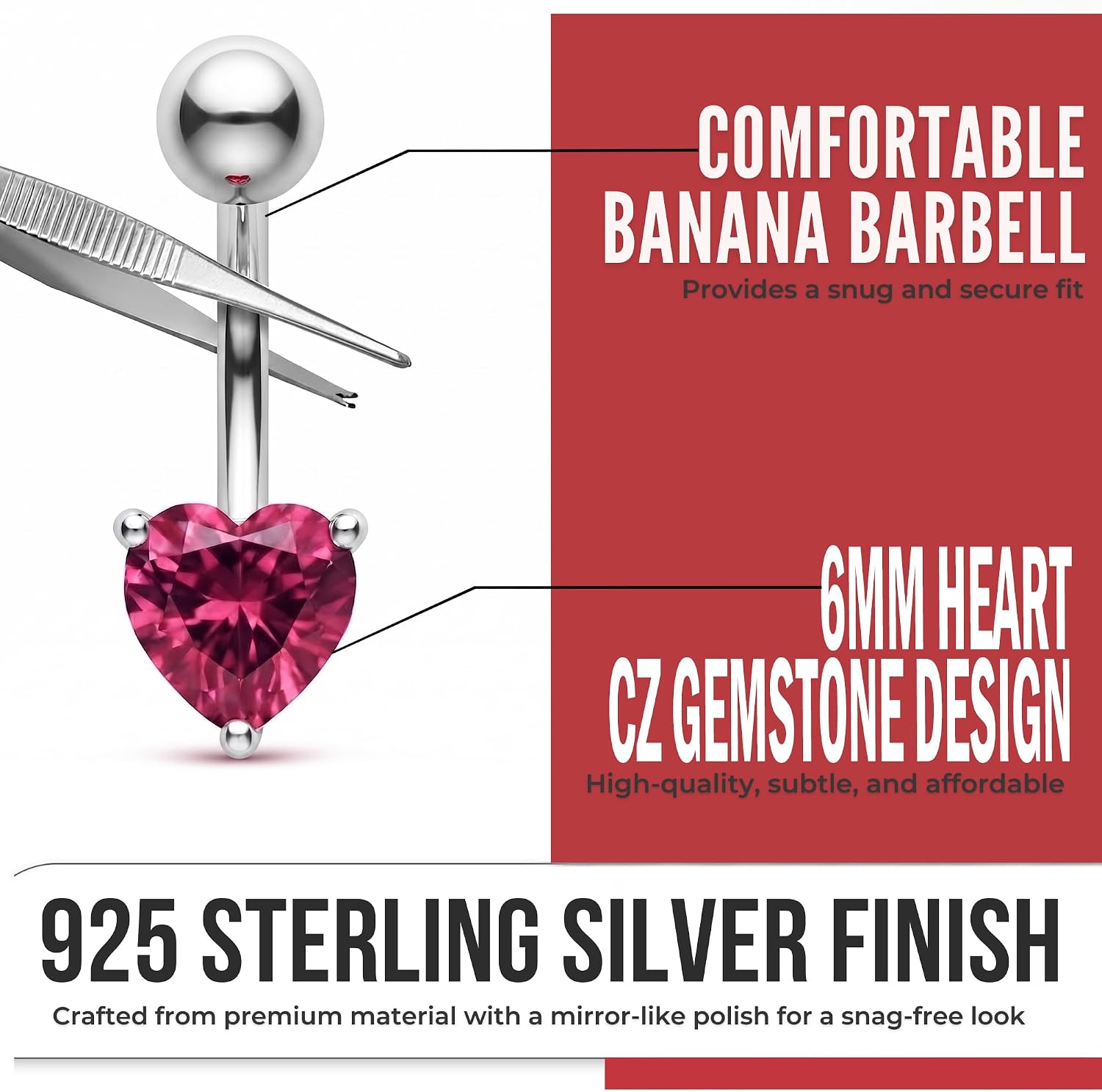 6mm Heart Cz Stone Design Sterling Silver with Stainless Steel Belly Piercing Ring Body Jewelry
