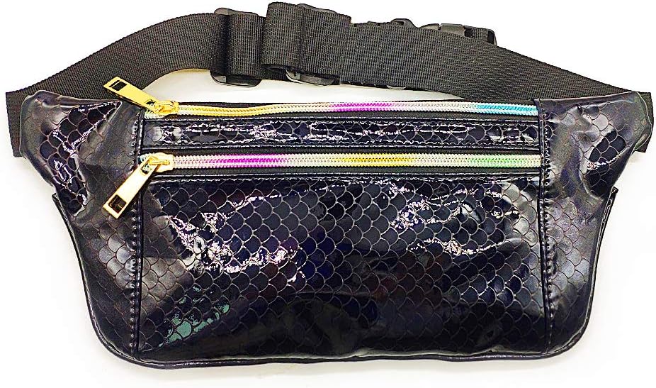 Cool Fanny Pack, Waterproof Leather Shiny Neo Holographic Waist Bag Running Bum Belt Phone Holder for Rave Festival Beach Traval (Scale Black)