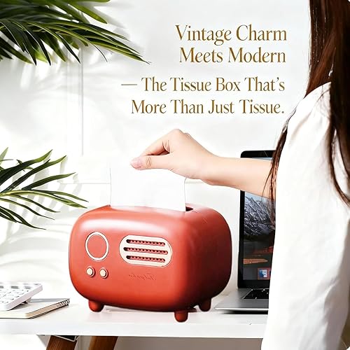 Miniatura 4 de Caja de pañuelos retro con forma de radio mezcla de encanto moderno de mediados de siglo, adecuada para colocar en mesitas de noche, aparadores de