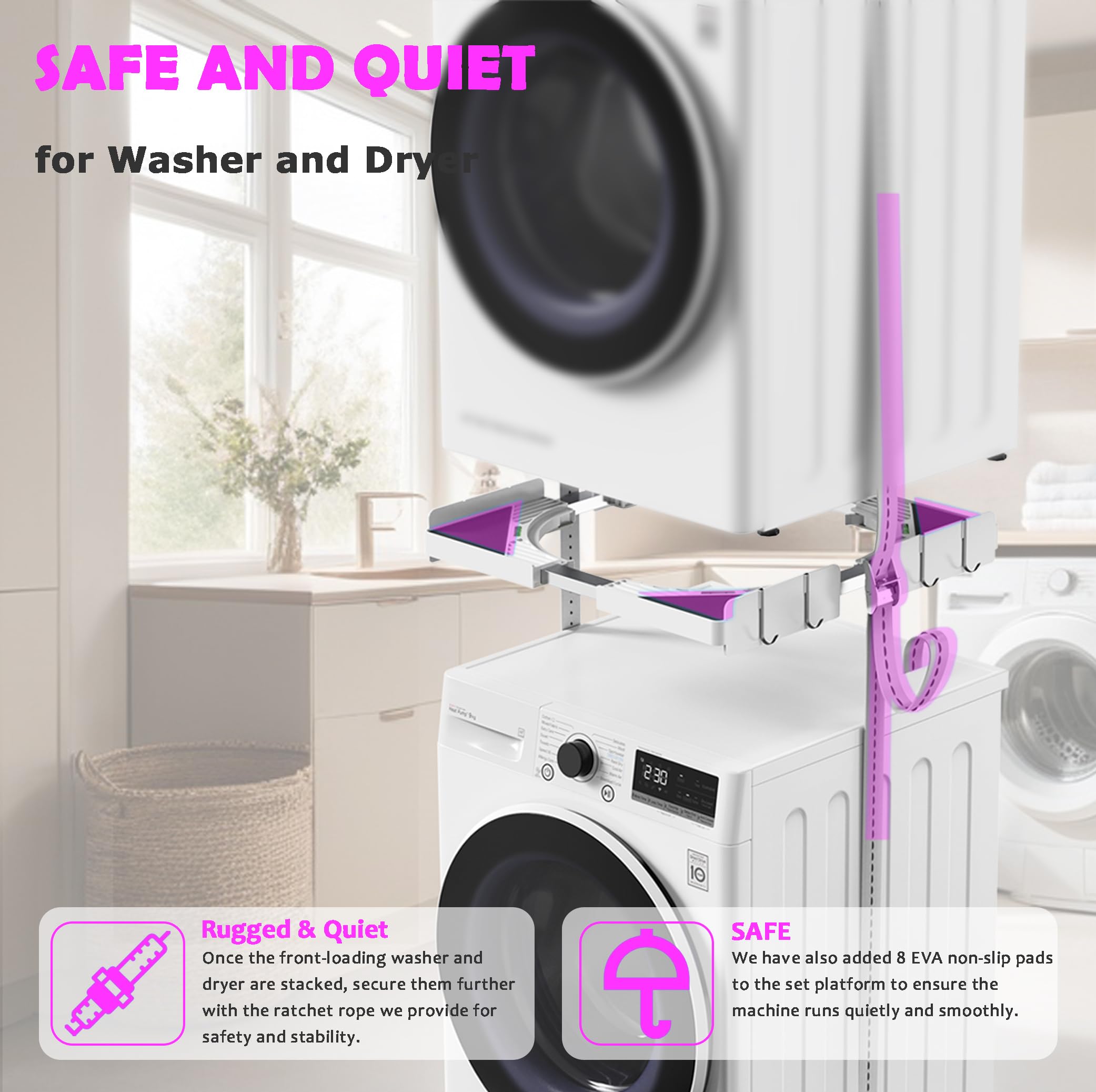 Ultrasottile Kit Sovrapposizione Lavatrice & Asciugatrice Universale | Sistema di Impilaggio Regolabile 45-68cm/ Con 4 ganci | Anti-Vibrazione & Installazione Senza Fori per Candy/Whirlpool (Bianco)