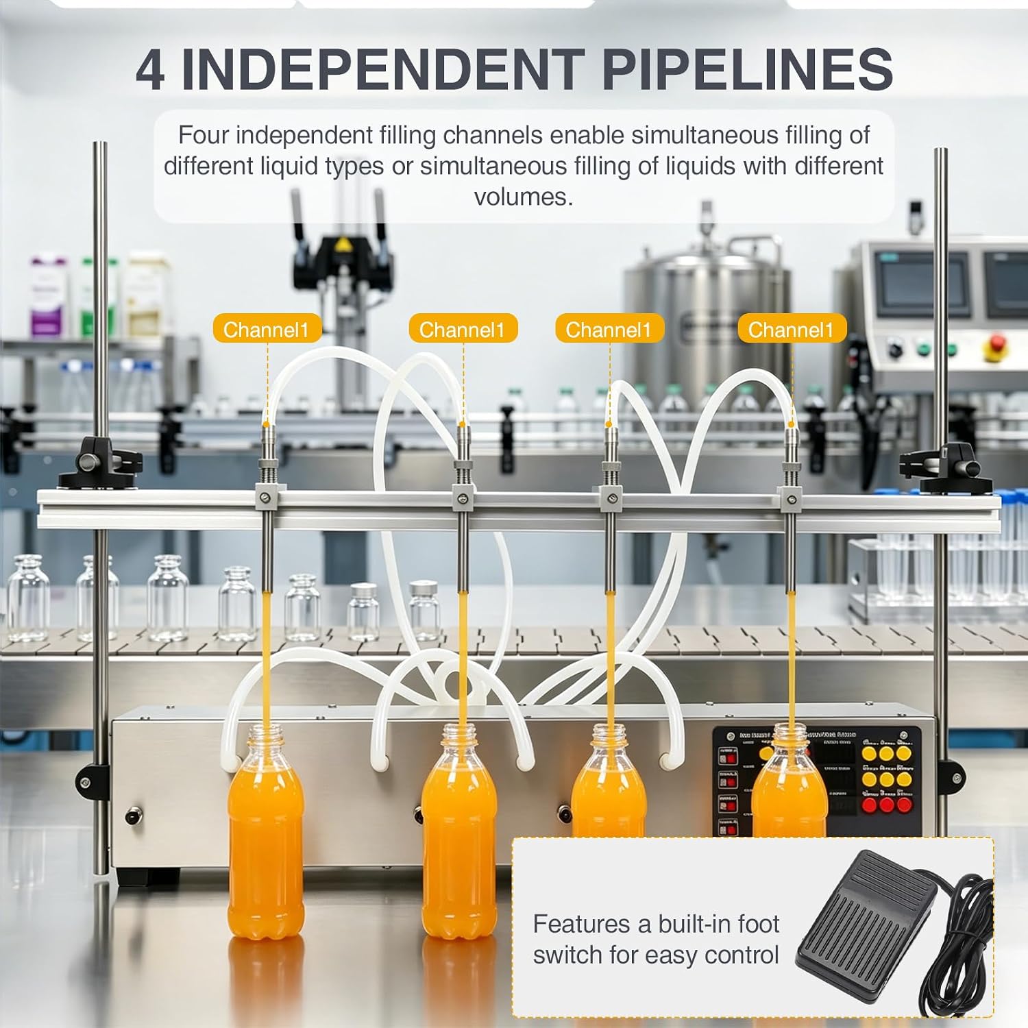 4 head liquid filling machine, digital control dispenser, high precision, 0.33-101 oz flow rate, PLC-controlled touchscreen, featuring automatic positioning and no-bottle-no-fill function