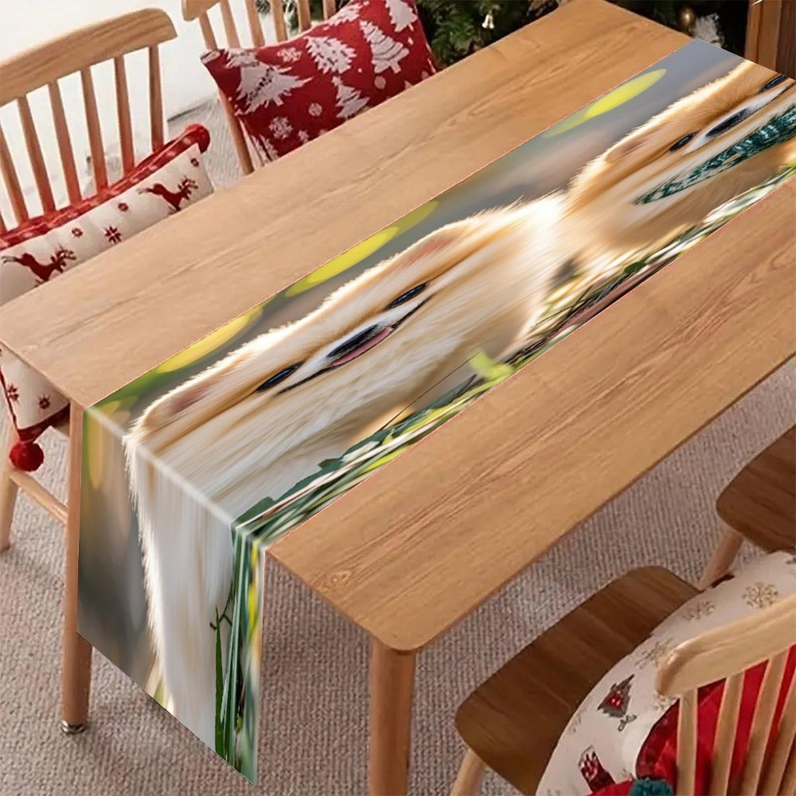 Pomeranians Puppies Table Runner Modern Art Farmhouse Linen Table Runner Dresser Scarf Seasonal Kitchen Dining Table Decoration Dresser Scarves for Home Party Decor 13x70 Inch