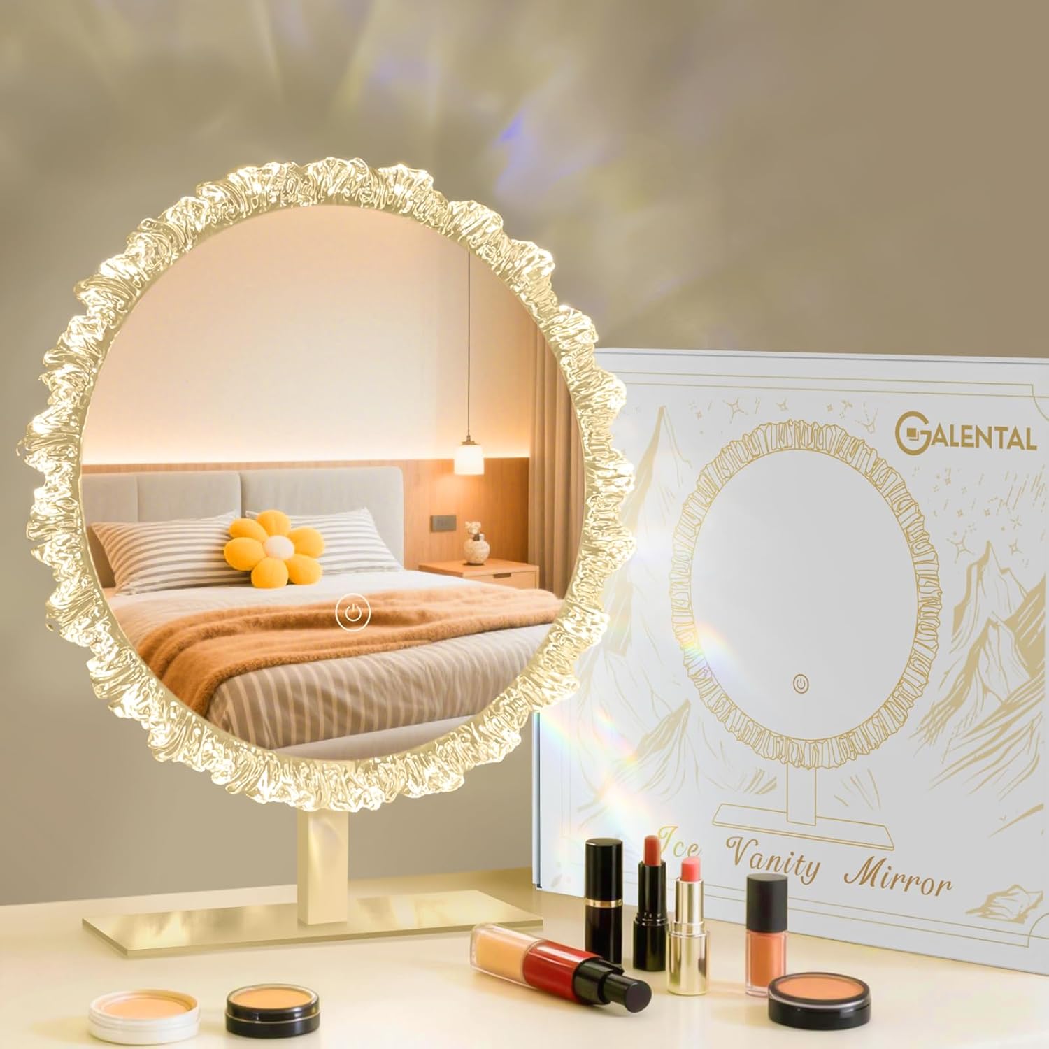 Crystal Round Vanity Mirror with Lights, 16 Inch Dimmable LED Makeup Mirror for Women, 3 Color Temperatures, Touch Switch, Gold, Ideal for Girlfriend & Makeup Lovers