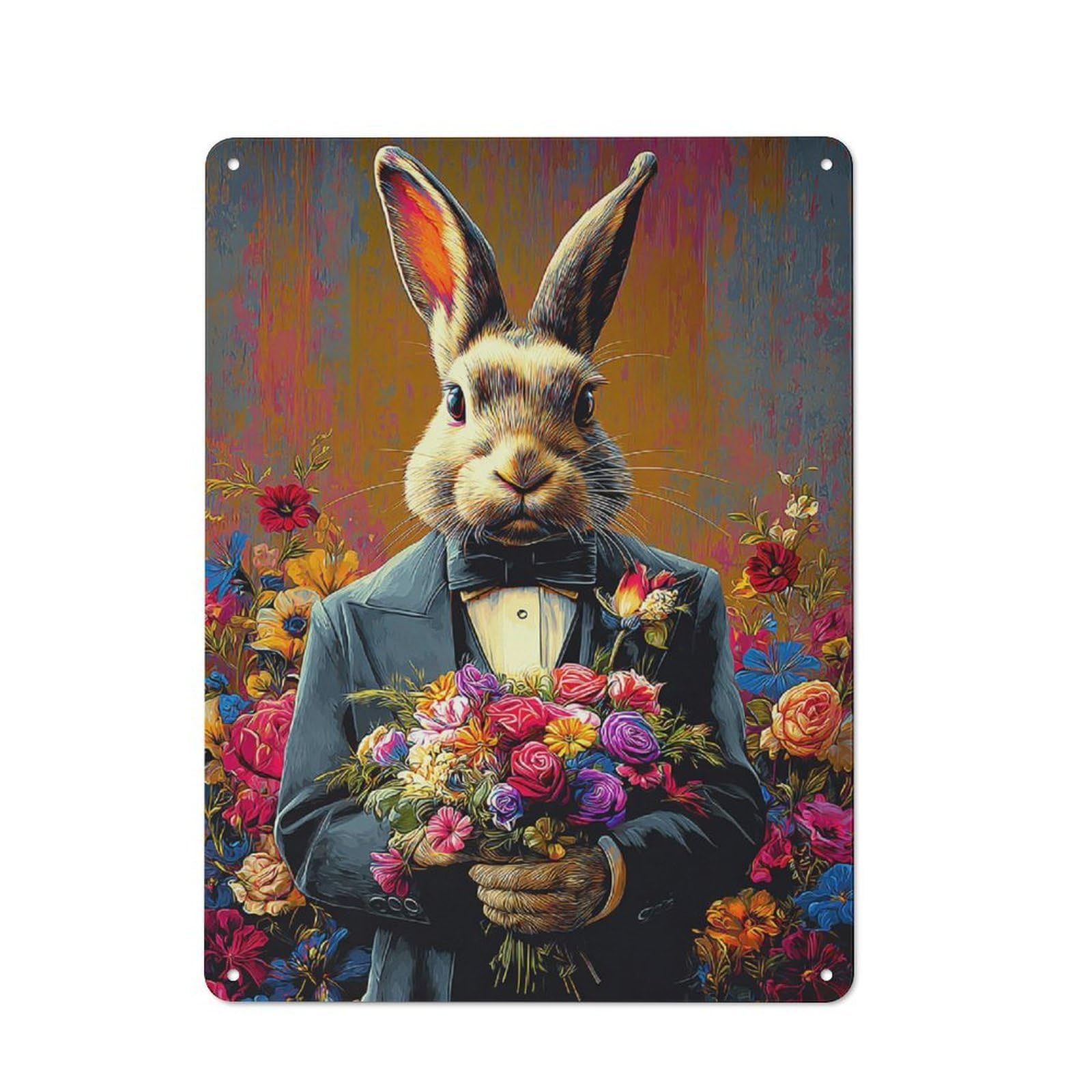 Junmoney Rabbit In Tuxedo With Floral Bouquet -1 Vintage Metal Plaque 40X30cm For Café Or Restaurant, A Decorative Gift For A Newly Furnished Café And Restaurant