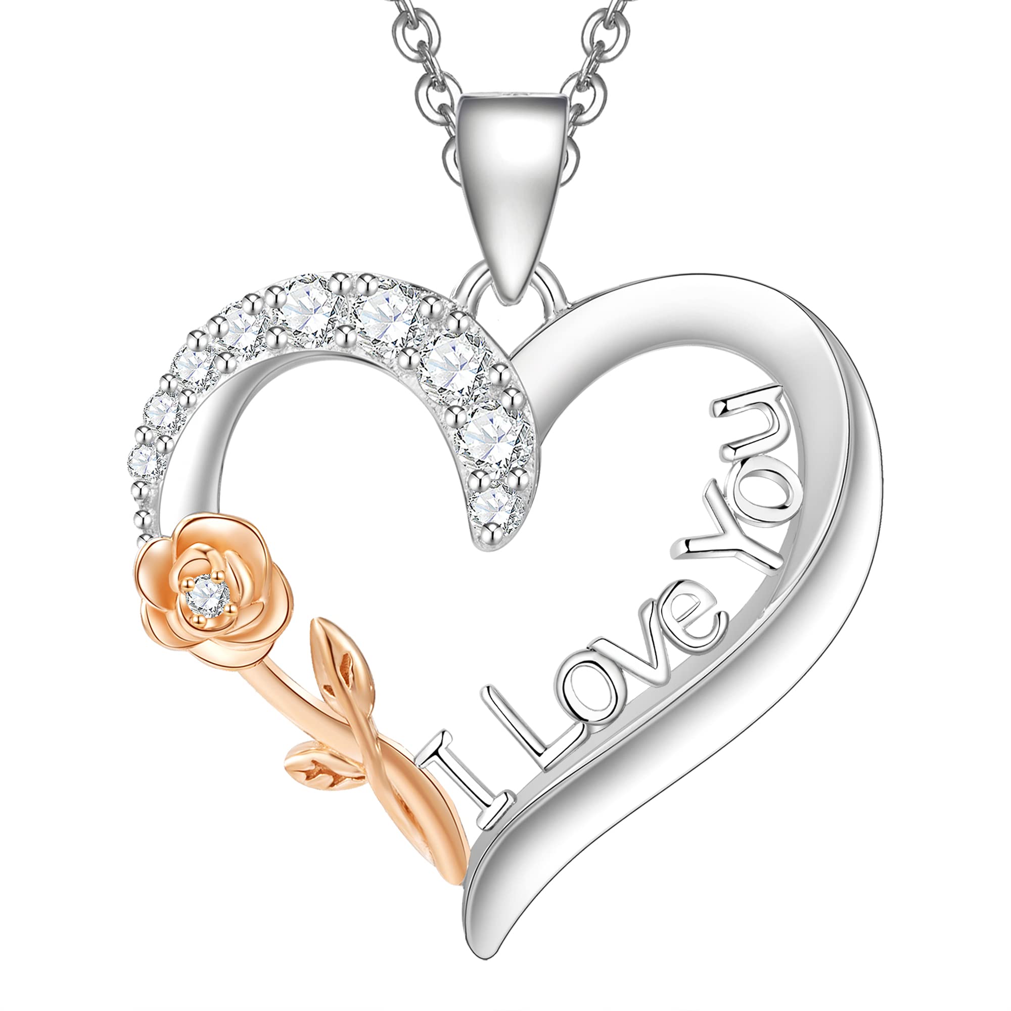 Collana da donna in argento Sterling 925 con ciondolo a forma di cuore e rosa, regalo per mamma, Cristallo, Cristallo