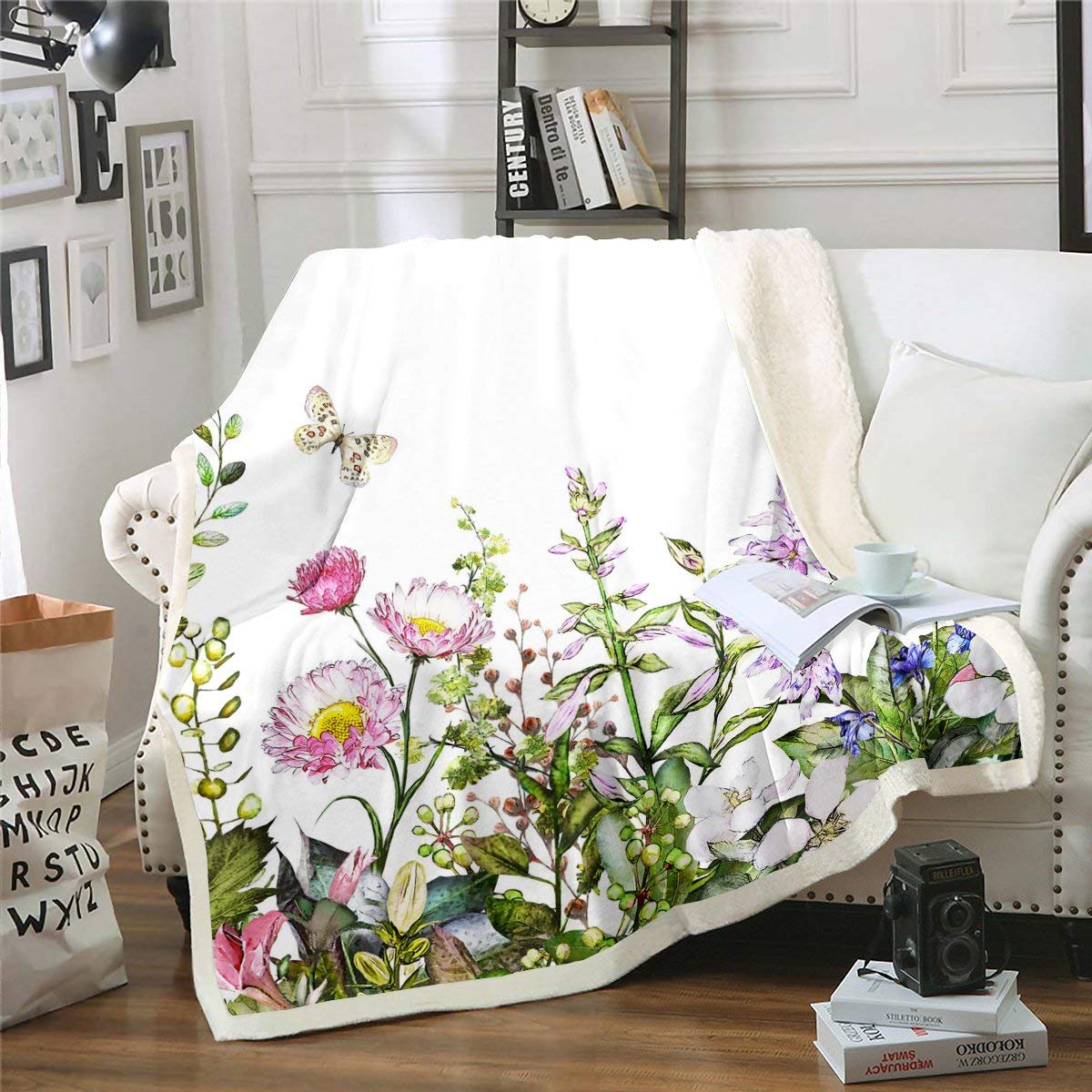 Loussiesd Floral Print Fleece Throw Blanket Blossom Flowers Pattern Plush Blanket for Bed Sofa Botanical Branches Sherpa Blanket Breathable Nature Theme Warm Room Decor Single 50"x60"