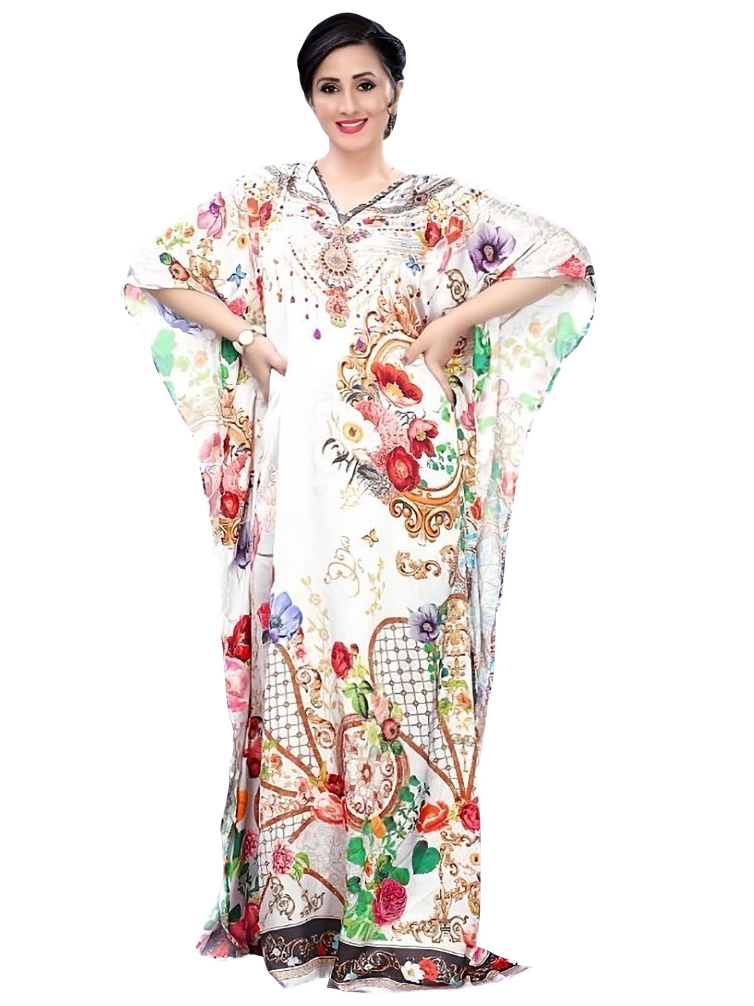 Arctic-Woll V-Neck Printed Long Kaftan with Studded Stones Casual Bohemian Lounge & Holiday Wear for Women's Off-White-image-29