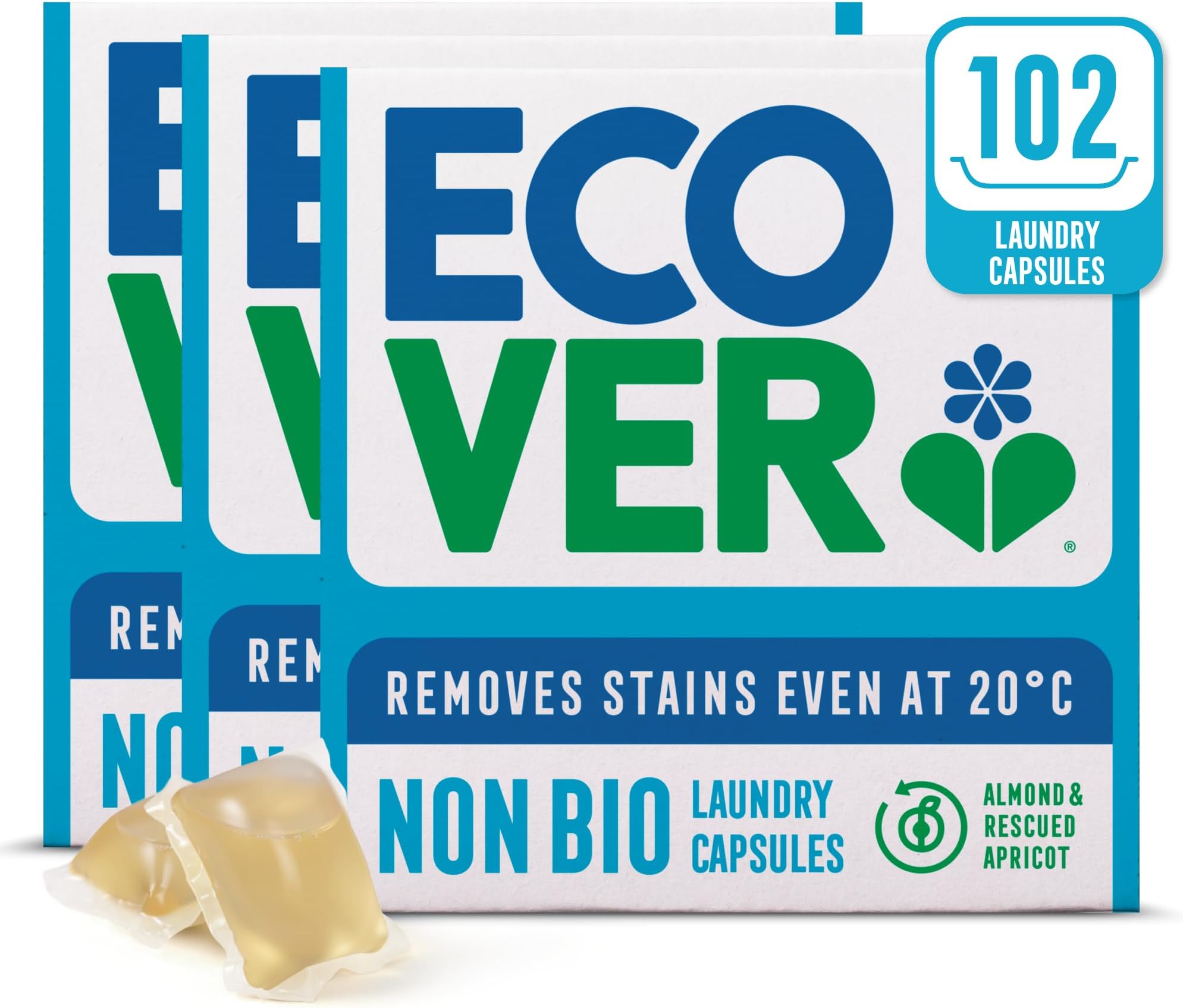 Non-Bio Washing Laundry Capsules/Tablets - Detergent with Clean and Fresh Almond & Rescued Apricot Scent, 3X Pack of 34 Capsules/Tablets