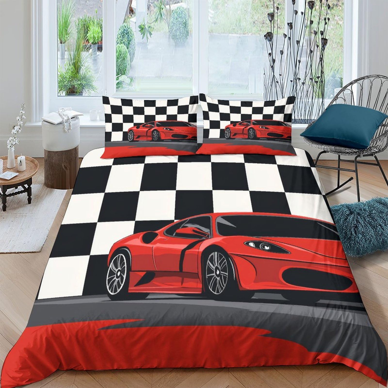 Ctjqhvkz Style-6 3D Printed Red Sports Car Fitted Sheet Microfiber Checkered Flag Bed Cover Anti-Slip Machine Washable Bedroom Decor Single（135X200cm）