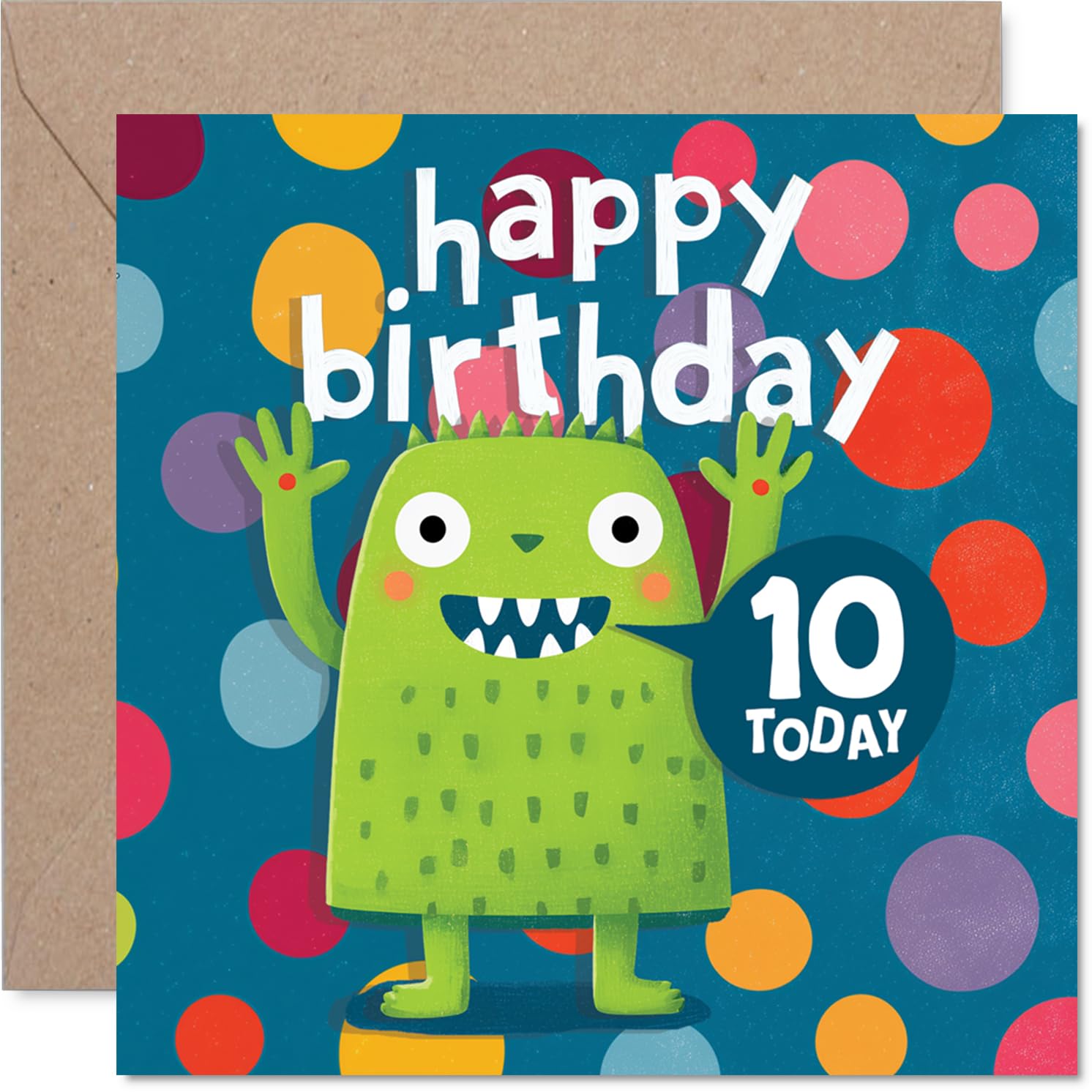 Playful 10th Birthday Card - Bursting with Cheeky Monster Fun - Bright and Colourful Creatures in Party Mode - 145mm Square, Envelope Included