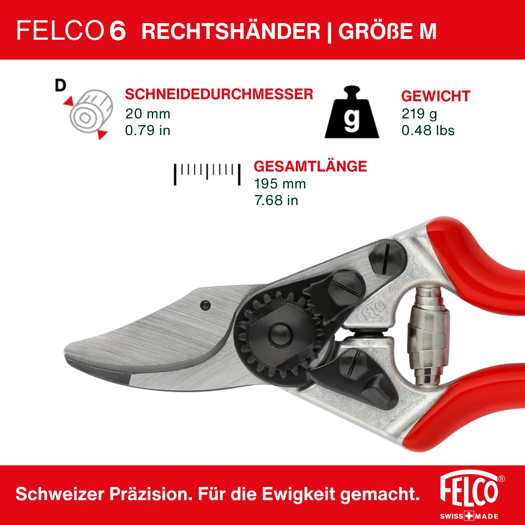 FELCO 6 Bypass-Gartenschere für Rechtshänder mit mittleren Händen, 20 mm - Image 2