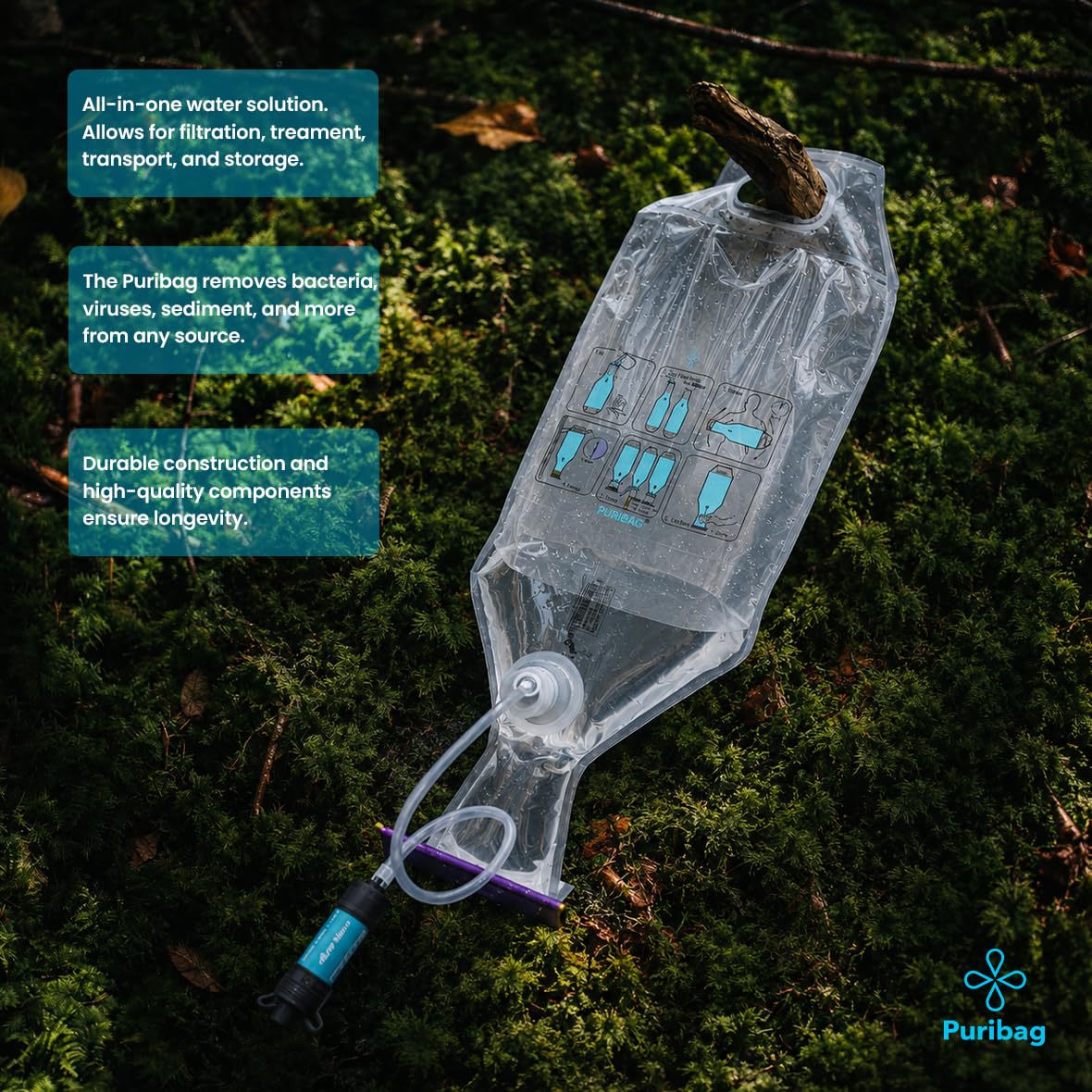 PURIBAG Système Professionnel Filtre à Eau par gravité - Système de Filtration d'eau Portable 4 en 1 pour Sac à Dos, Camping et Urgence - S'accroche n'importe où, Filtre l'eau