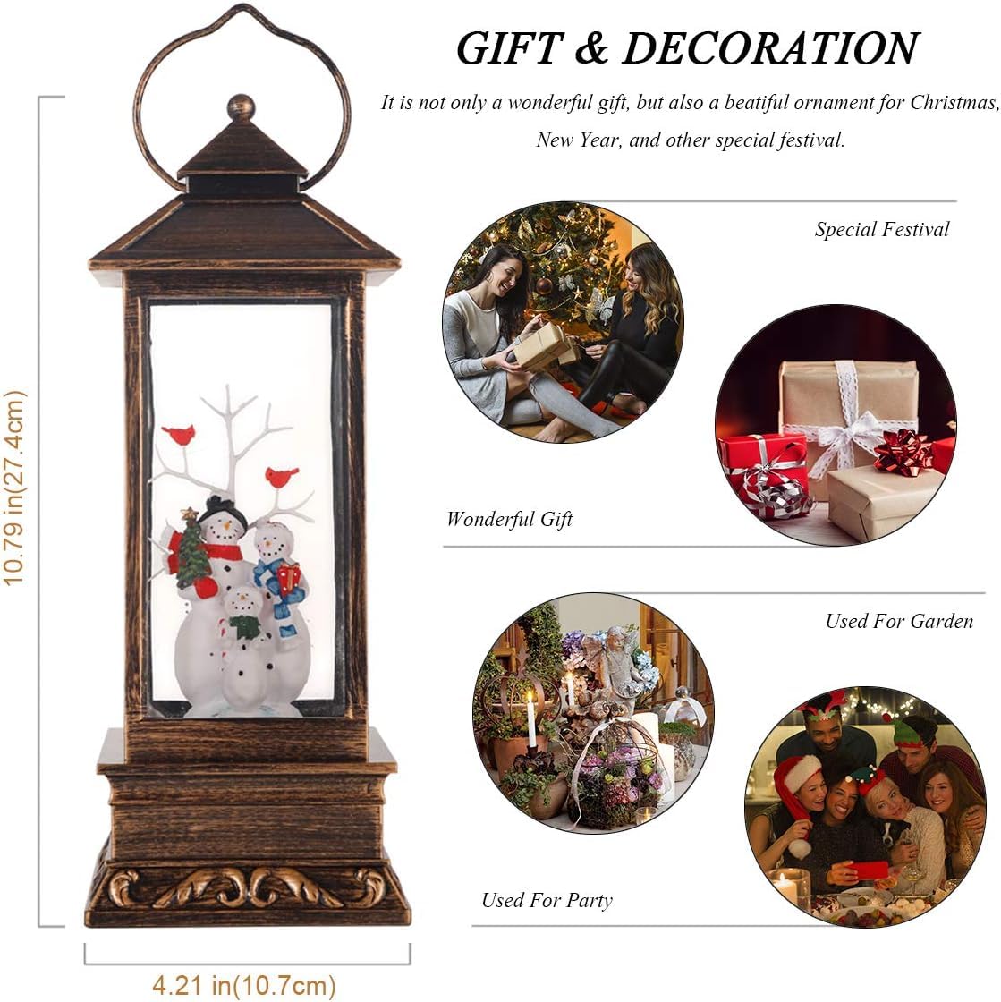 House & Garden Decoration,Christmas Lantern with 8 Pieces of Music,Sparkling Crystal keep Circling around the Snowman Families. Music Box as a Christmas Gift. (Snowman Families)