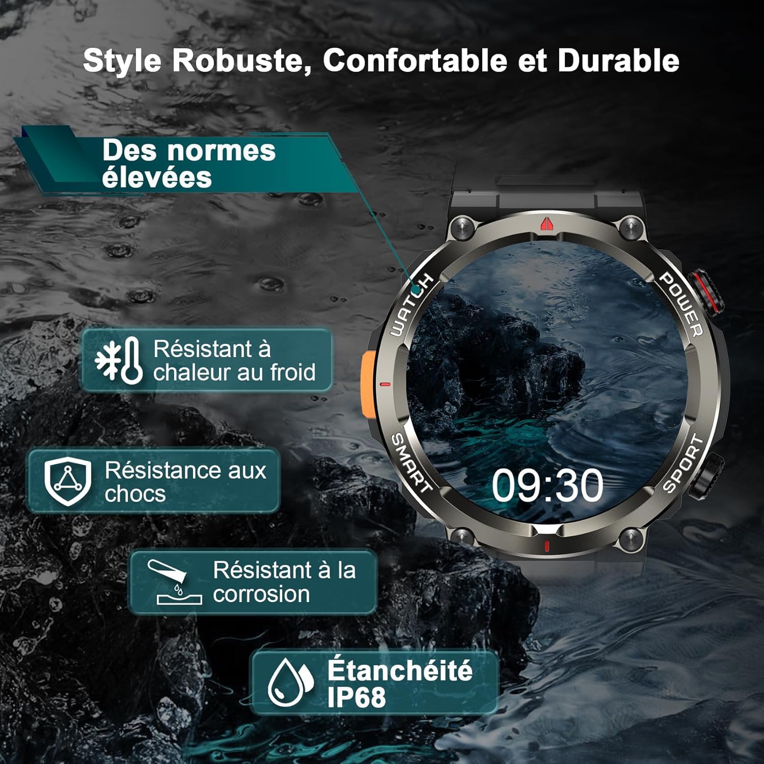 Montre Connectée Homme Robuste 30 Jours d’Autonomie IP68 Étanche