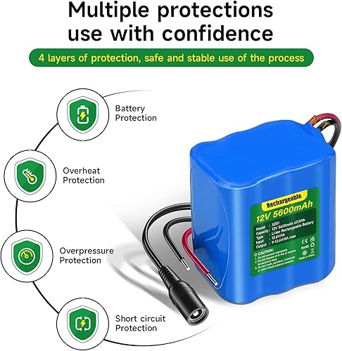 Miniatura 5 de Batería de litio recargable de 12 V de 5600 mAh con cargador de cables desnudos compatible con dispositivos de 12 V RC coche, tira LED, proyecto de