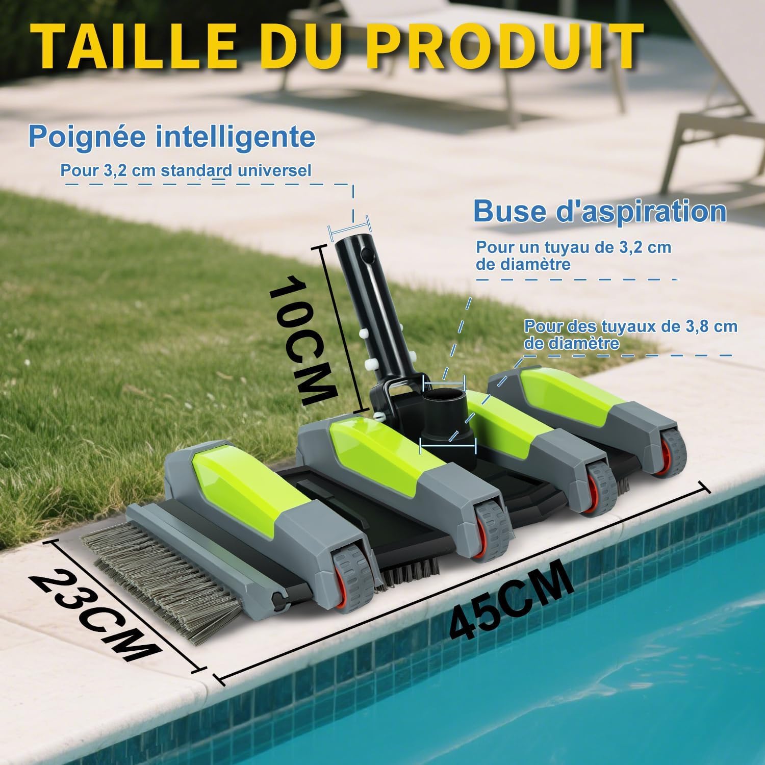 Balai Aspirateur Piscine 45 cm avec Roues, Brosse Aspirateur Piscine avec Raccord d’Aspiration, Brosse de Fond Piscine Flexible avec Brosse Latérale, Compatible Tuyaux 3.2cm et 3.8cm