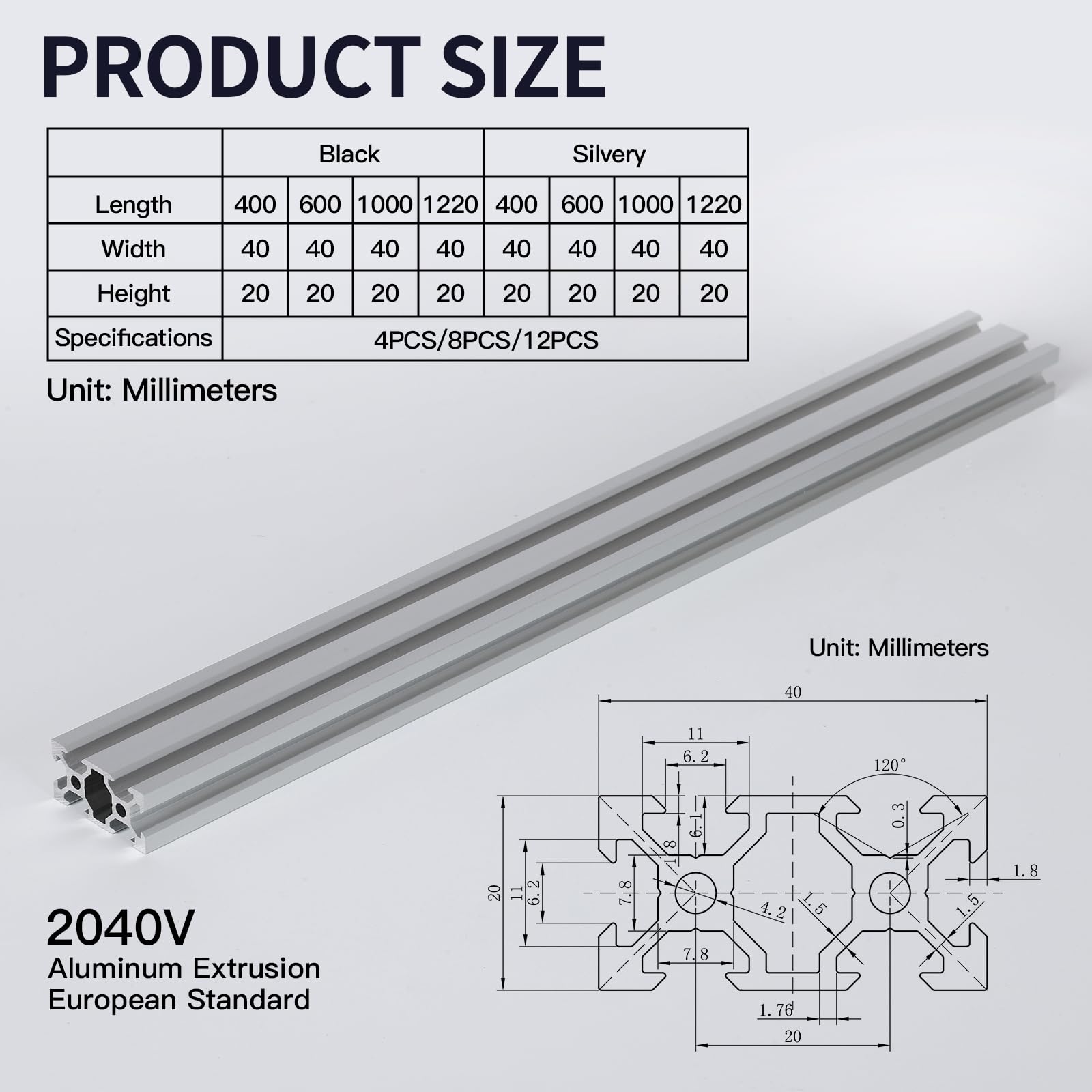 8pcs 1000mm 2040 V-Slot Extrusion Aluminum Profile, Silver — Amazon image 2