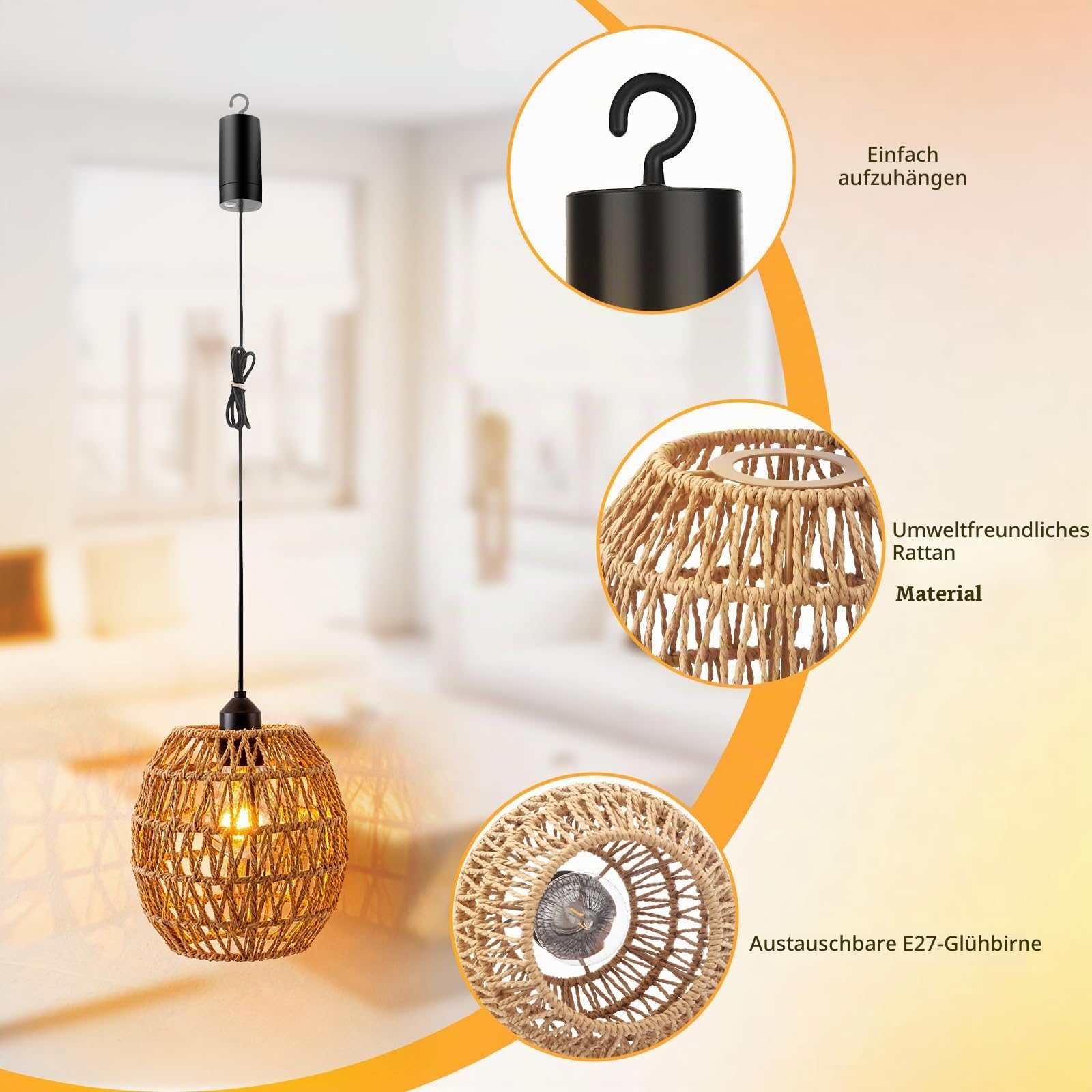 Hängelampe Rattan, 2 Stück Vintage Pendelleuchte Akku, Lampenschirm Hängelampe Boho Ohne Strom, E27 Outdoor Hängend Lampe für Patio Bar Garten Terrasse Wohnzimmer Schlafzimmer