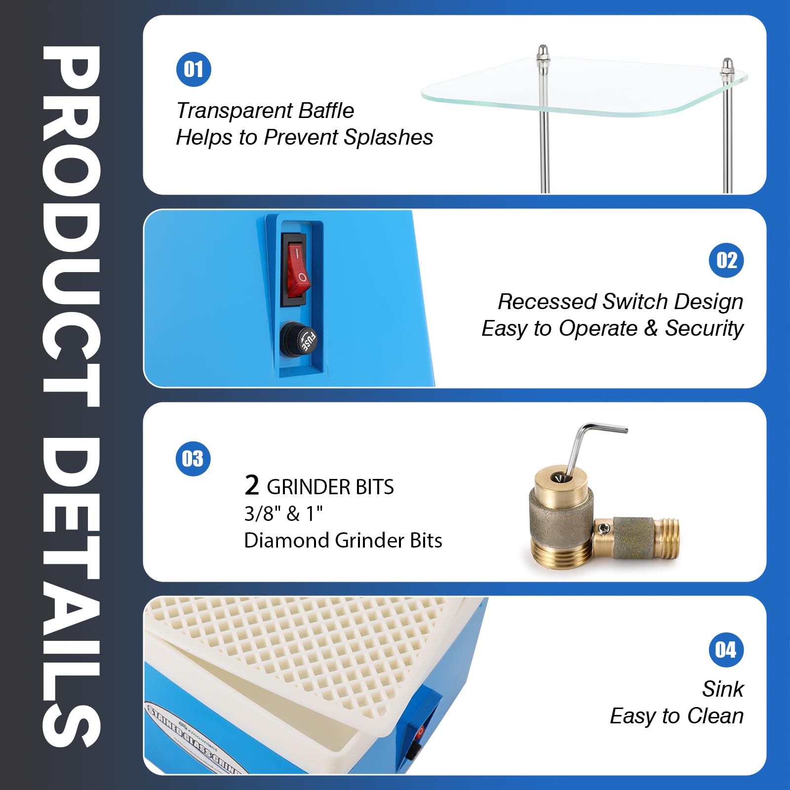 Mxmoonant Ponceuse automatique pour vitrail, céramique, décoration d'intérieur, carreaux de mosaïque, artisanat, avec 2 embouts de ponçage diamant (5/8" et 1") et paroi acoustique