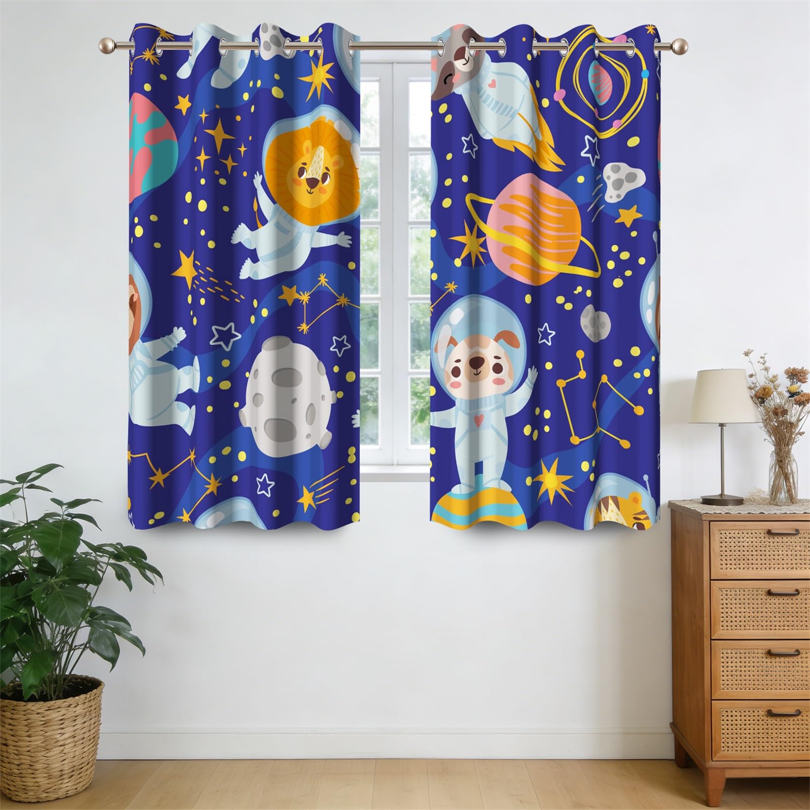 Ttincceer 117x138cm Outer Space Blackout Curtains for Boy Bedroom, Universe Metero Cartoon Dog Lion Astronaut Drapes Nursery Toddler Baby Room Eyelet Thermal Insulated Window Treatment 2 Panels