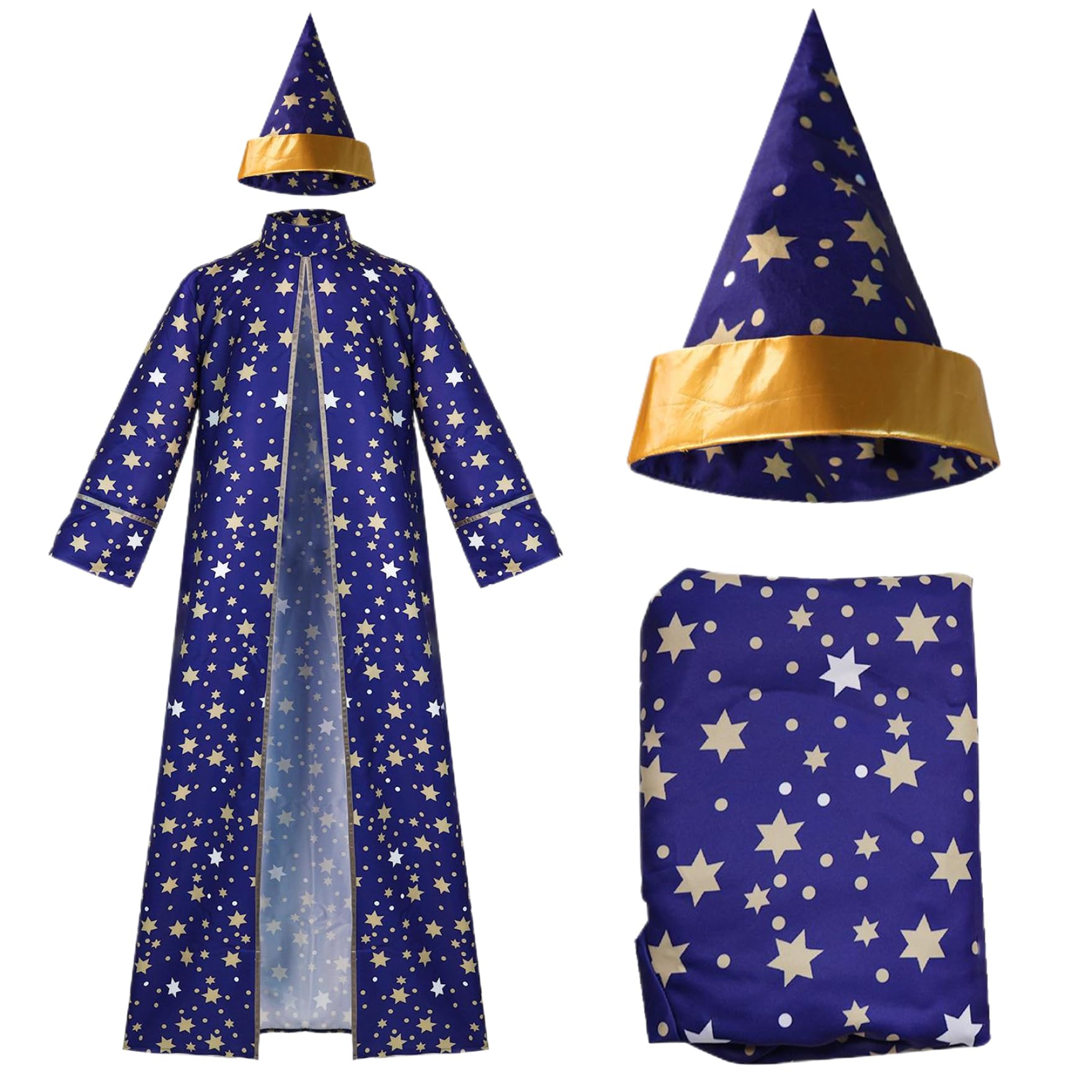 NIDONE Wizard Costume, Long Sleeves Blue Wizard Robe & Hat, Star Pattern Cloak Adults Robe for Halloween Party Cosplay, M