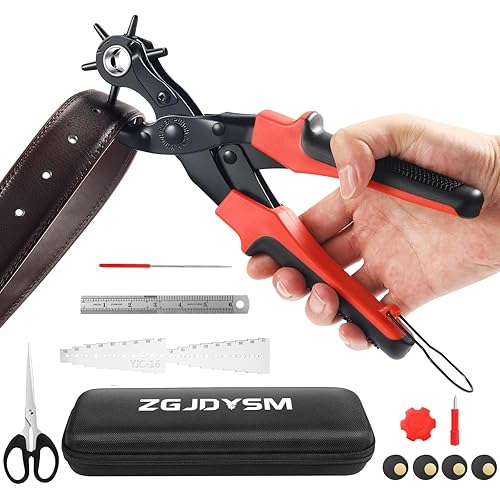 Leather Hole Punch Tool Set, Multi Hole Sizes Puncher, Revolving Punch Plier Kit for Belts, Watch Bands, Handbag Straps, Dog Collars and More