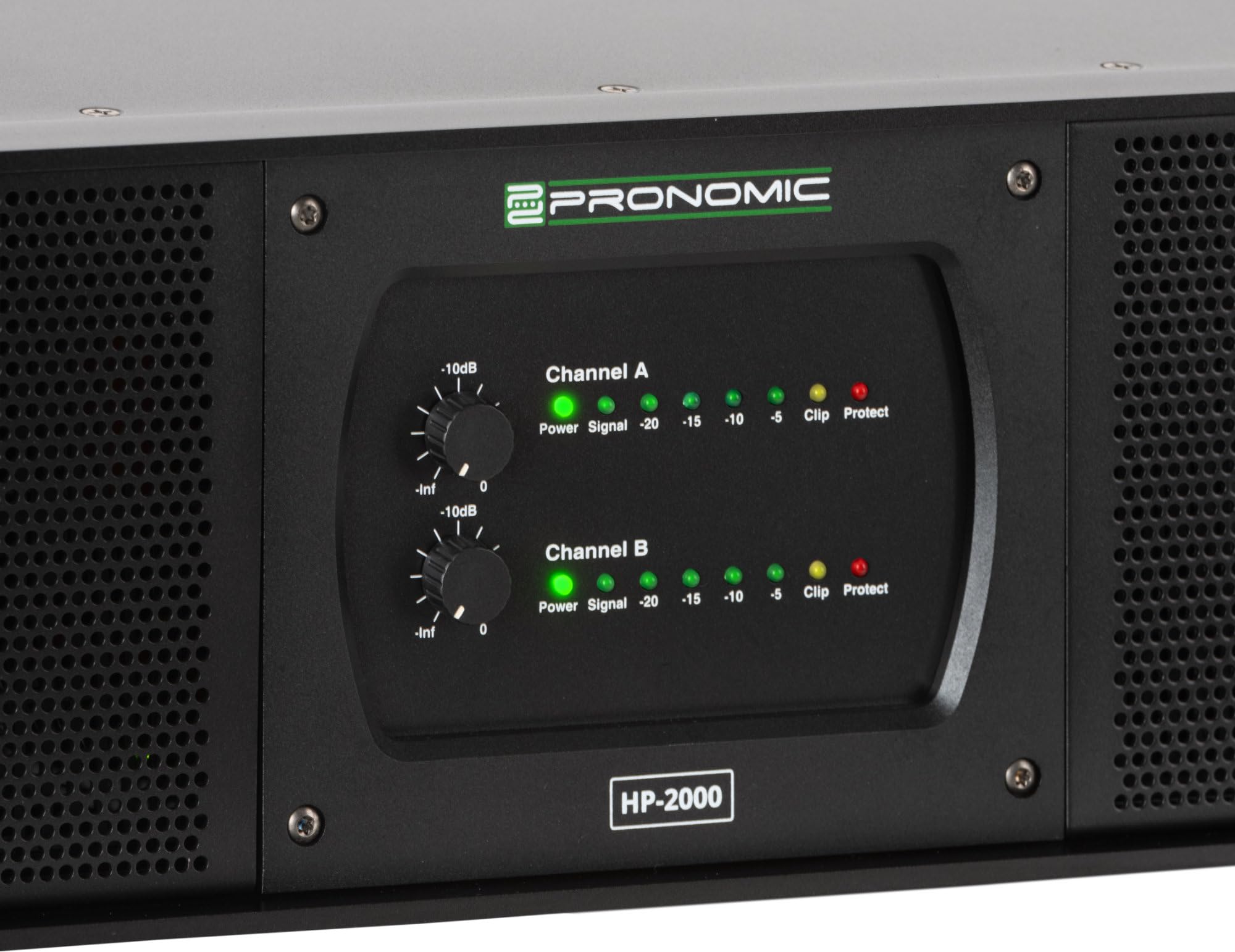 Pronomic HP-2000 Finale 2x 3000 Watt - Potenza in uscita (4 Ohm): 2x 3000 Watt - Filtri passa-alto/basso commutabili con frequenza crossover regolabile - Guadagno d'ingresso selezionabile - Nero