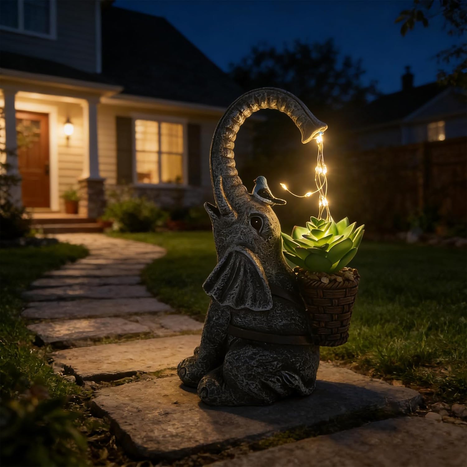 Solar Powered Garden Statue with LED Lights, Grey Stone Resin Elephant Planter, Decorative Outdoor Sculpture with Birds and Succulents,for Balcony, Garden, Patio, Yard, Lawn(Gray)
