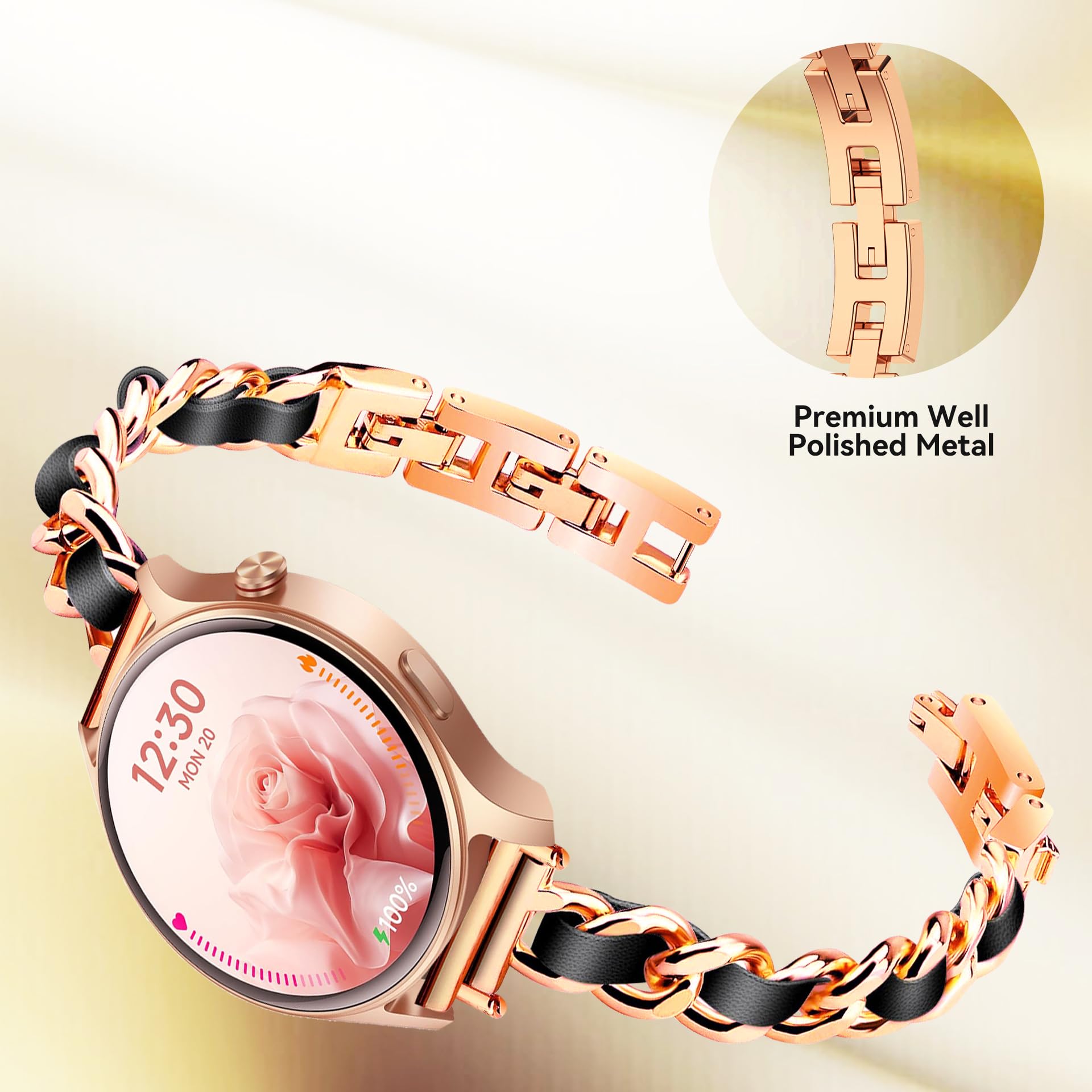 LYSANDRA Correa de pulsera de cadena de metal ajustable compatible con reloj inteligente Fitpolo AR-01, aeac AR-01, correa de pulsera de cadena de metal ajustable con cuero (oro rosa)