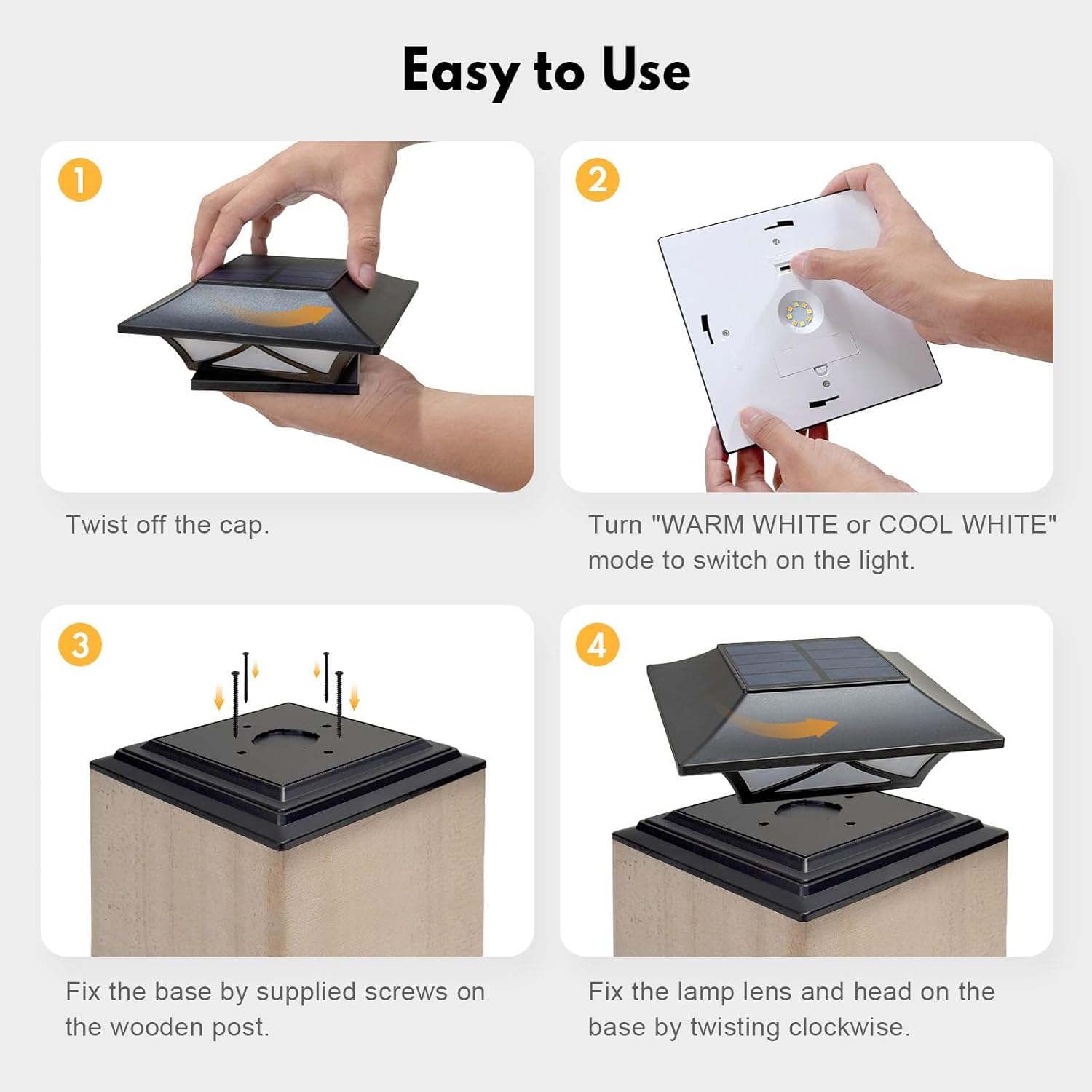 PASAMIC 4 Pack Solar Post Cap Lights, Waterproof Outdoor Lights for 4x4 5x5 6x6 Wood Posts, Fence Post Solar Lights with 2 Color Modes for Garden, Deck, Patio, Porch, Fence