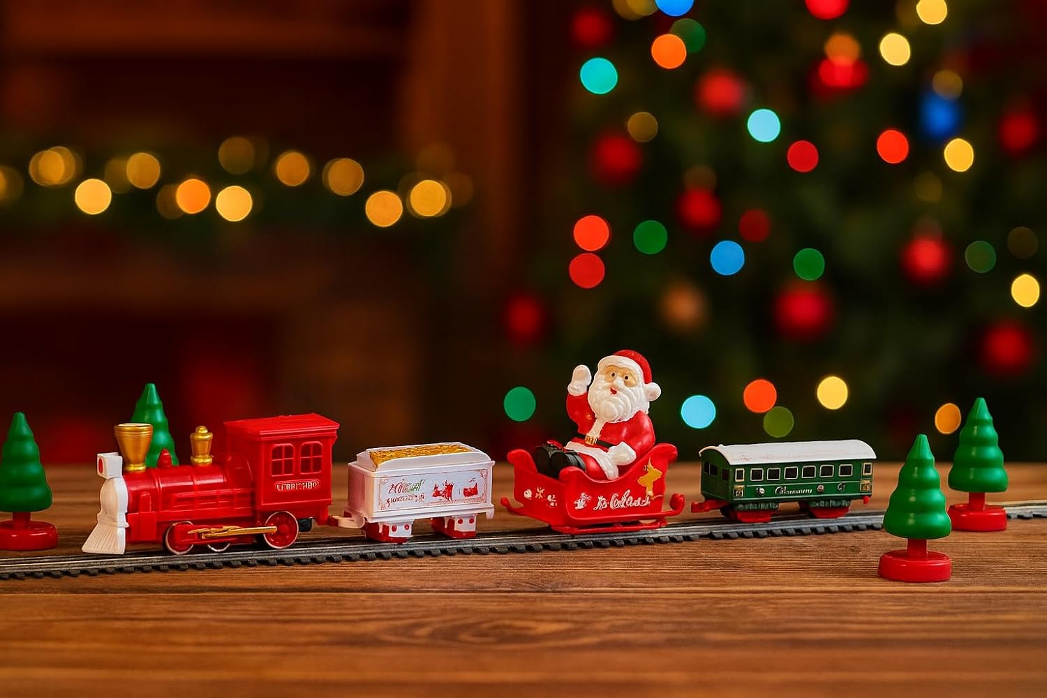 North Pole Express Christmas Train Set Miniature Red and Green Model Holiday Decoration with Locomotive and Cars Winter Snow Scene
