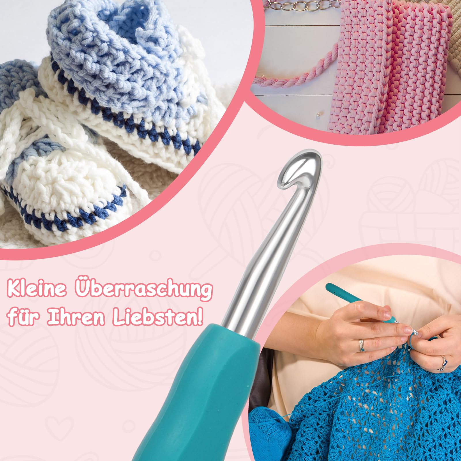 Aeeque Set di 8 uncinetti piccoli, 2,5 mm – 6,0 mm, in ABS morbido manico in gomma, set ergonomico per principianti, in plastica colorata per maglieria, sciarpe, calze, maglioni