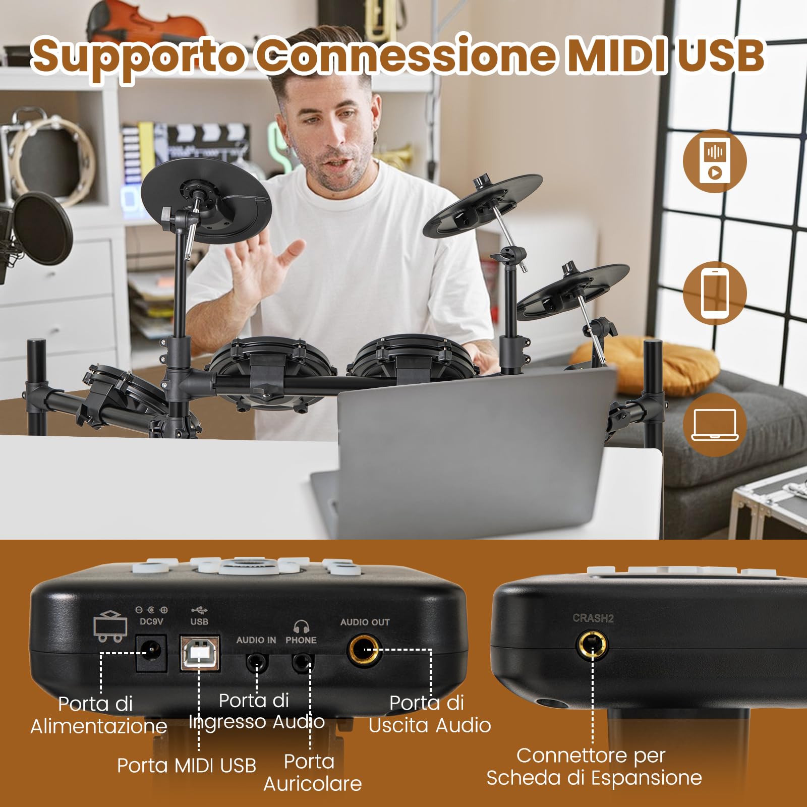 COSTWAY Set di Batteria Elettrica a 8 Pezzi, con 3 Piatti, 5 Pad a Rete, 2 Pedali, 225 Suoni e 30 Demo, Batteria Musicale Pieghevole per Principianti con Sgabello Regolabile, Bacchette e Cuffie