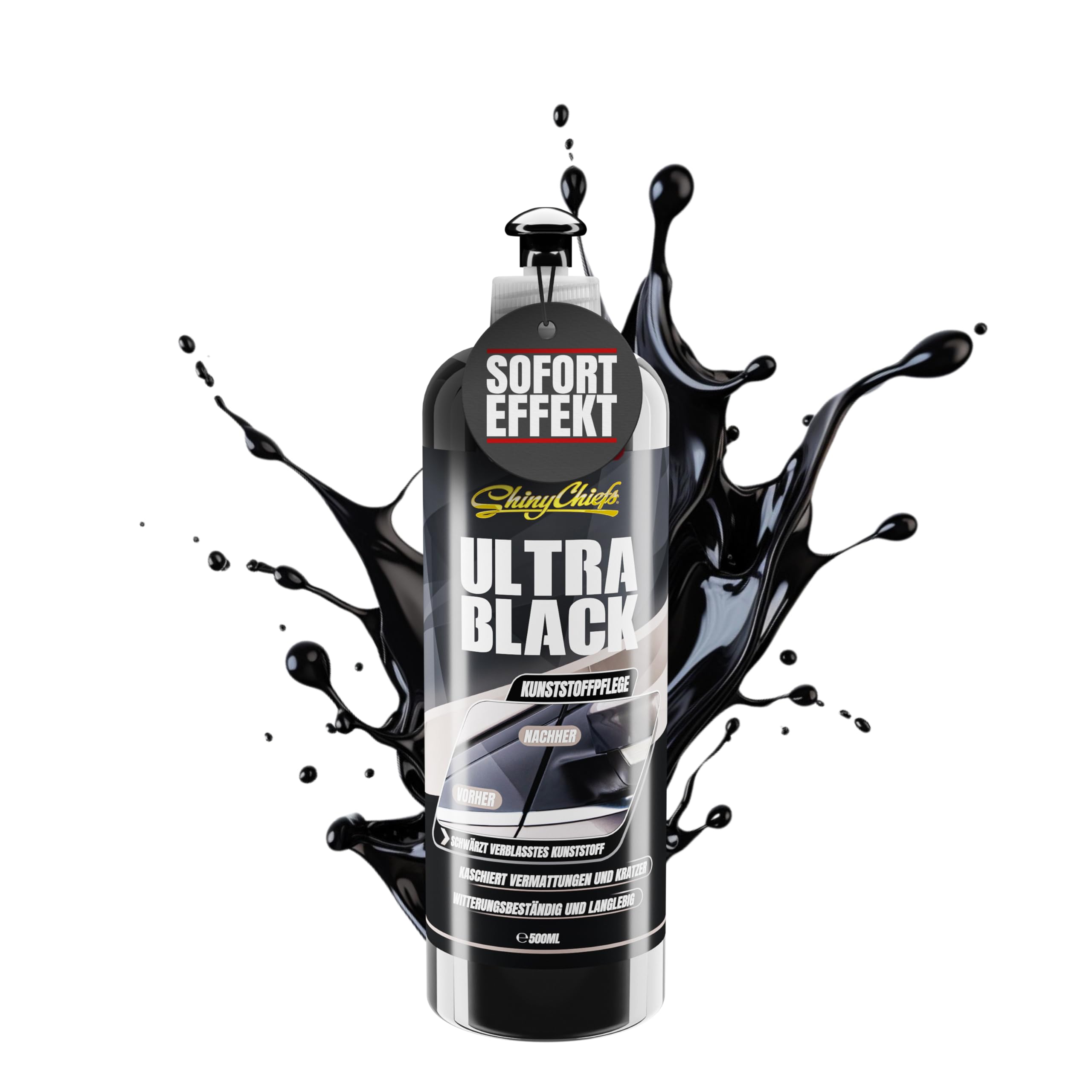 ShinyChiefs ULTRA BLACK Auto Kunststoffpflege schwarz 500 ml - Kunststoff Auffrischer zur Kunststoff- & Gummipflege - Kunststoffpflegemittel mit UV-Schutz für außen - Intensive Autopflege