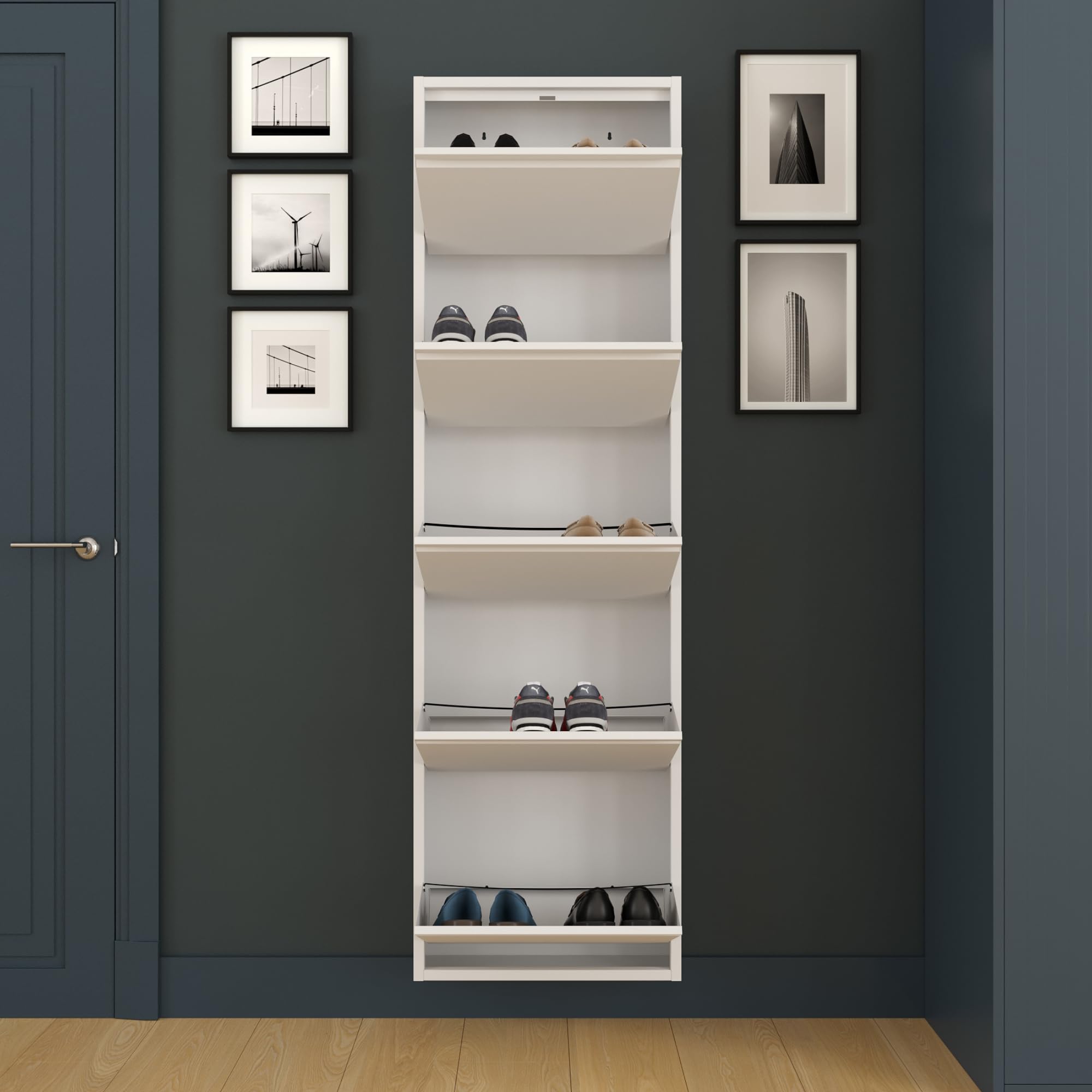 furni24 Schuhschrank, 5 Klappen, Metall, 10–14 Paar, wandmontierbar, vormontiert – Weiß