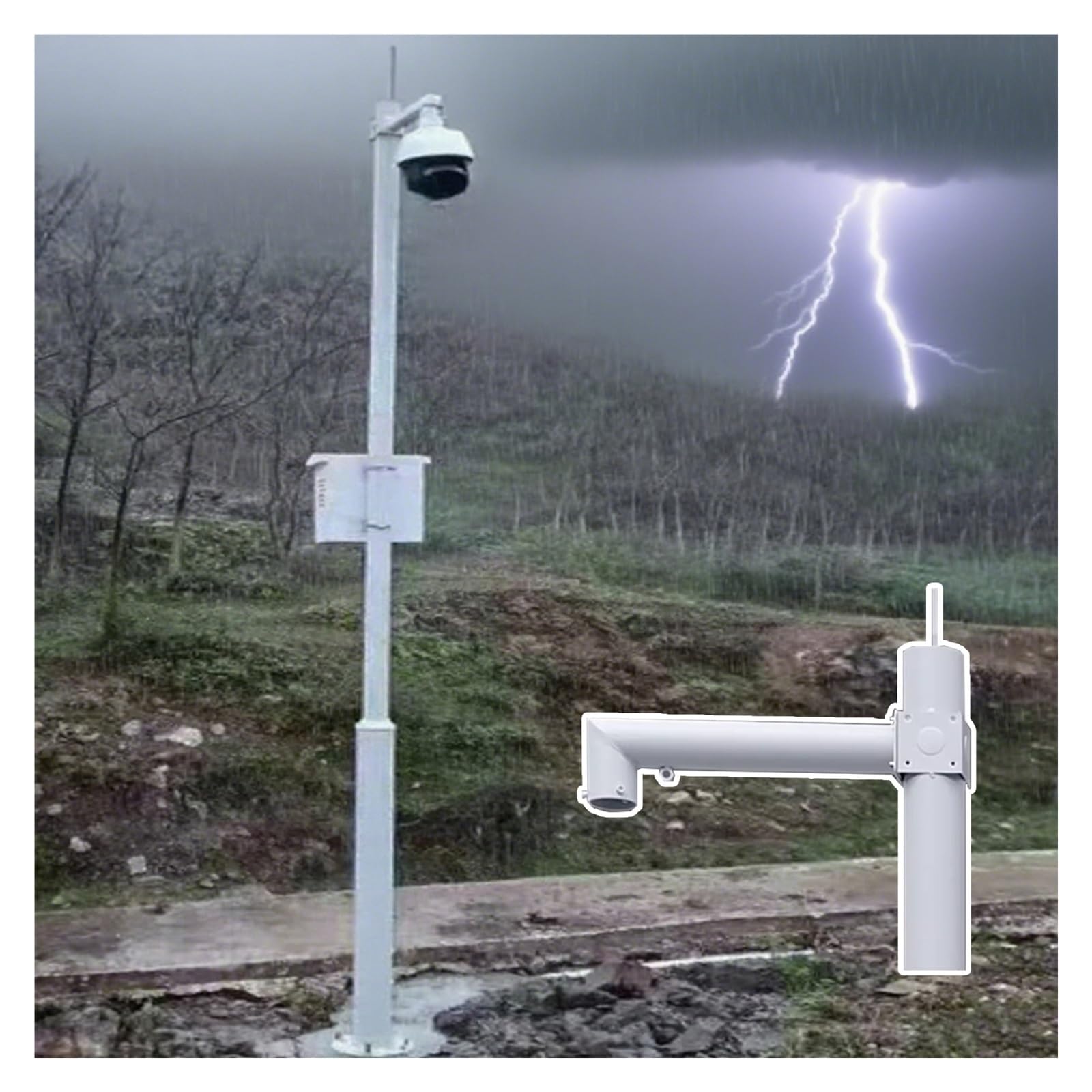 Genérico Soporte para cámara de Seguridad Resistente a la Intemperie: Poste Universal para Suelo con mástil de vigilancia Ajustable de 6 Metros y Brazo Transversal de 10 cm, 28 cm y 30 cm para monito