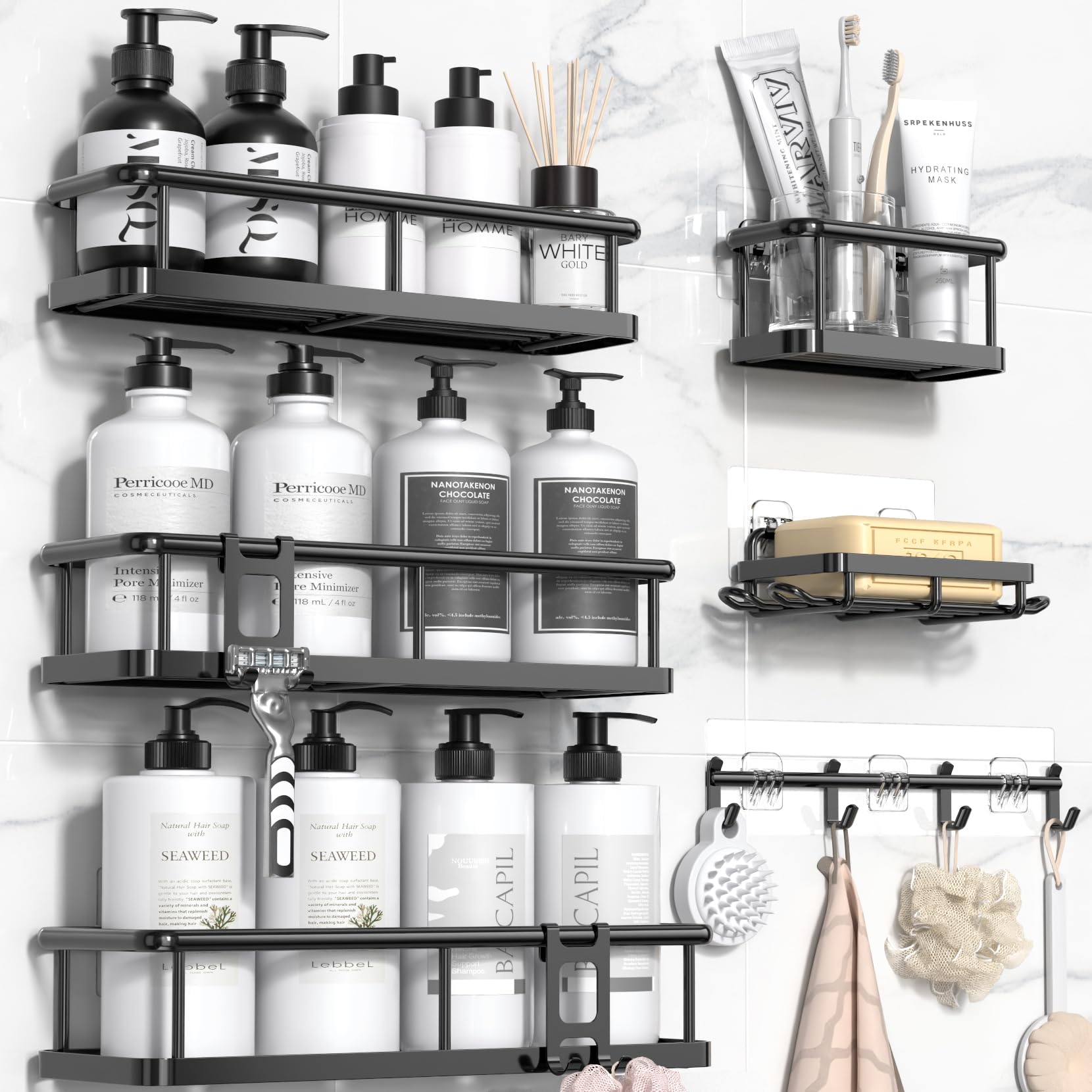 YASONIC Juego de estantes de ducha sin taladrar, 100% inoxidable (6 piezas) | Organizador de baño de gran capacidad, estantería de baño sin taladrar, drenaje rápido del agua, capacidad de carga