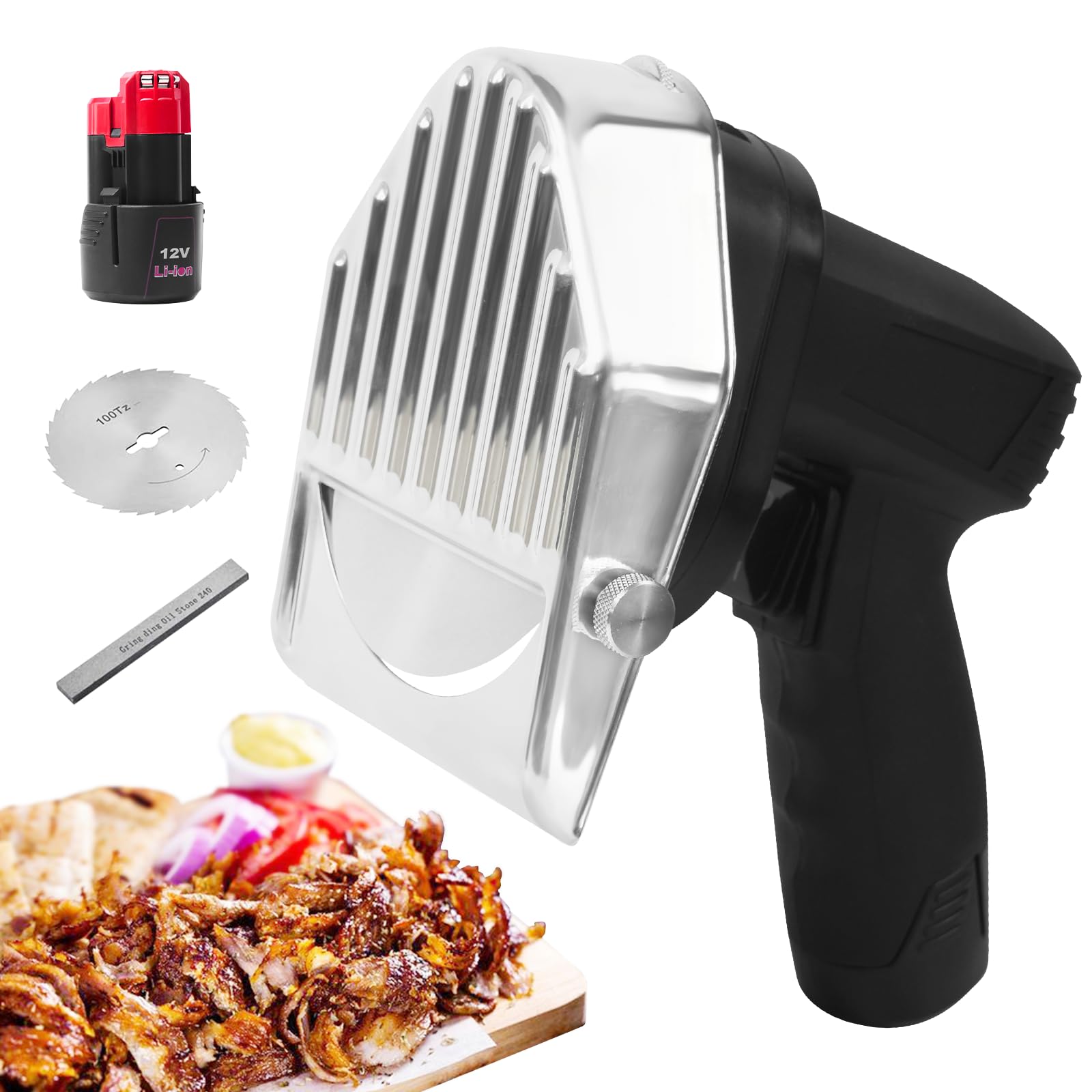 XXUNYNUIN Electric Cordless Gyro Cutter Portable Shawarma Doner Kebab Cutting Knife Machine Commercial Stainless Steel Gyros Sliced Knife with 2 Blades, 0-8mm Adjustable Cutting Thickness