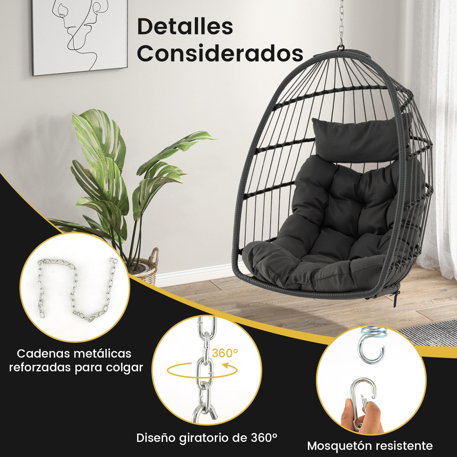 COSTWAY Silla Colgante Tipo Huevo, Cojín y Almohadilla, Columpio Colgante para Interior y Exterior, Sillon Colgante de Diseño Plegable, Carga 150kg