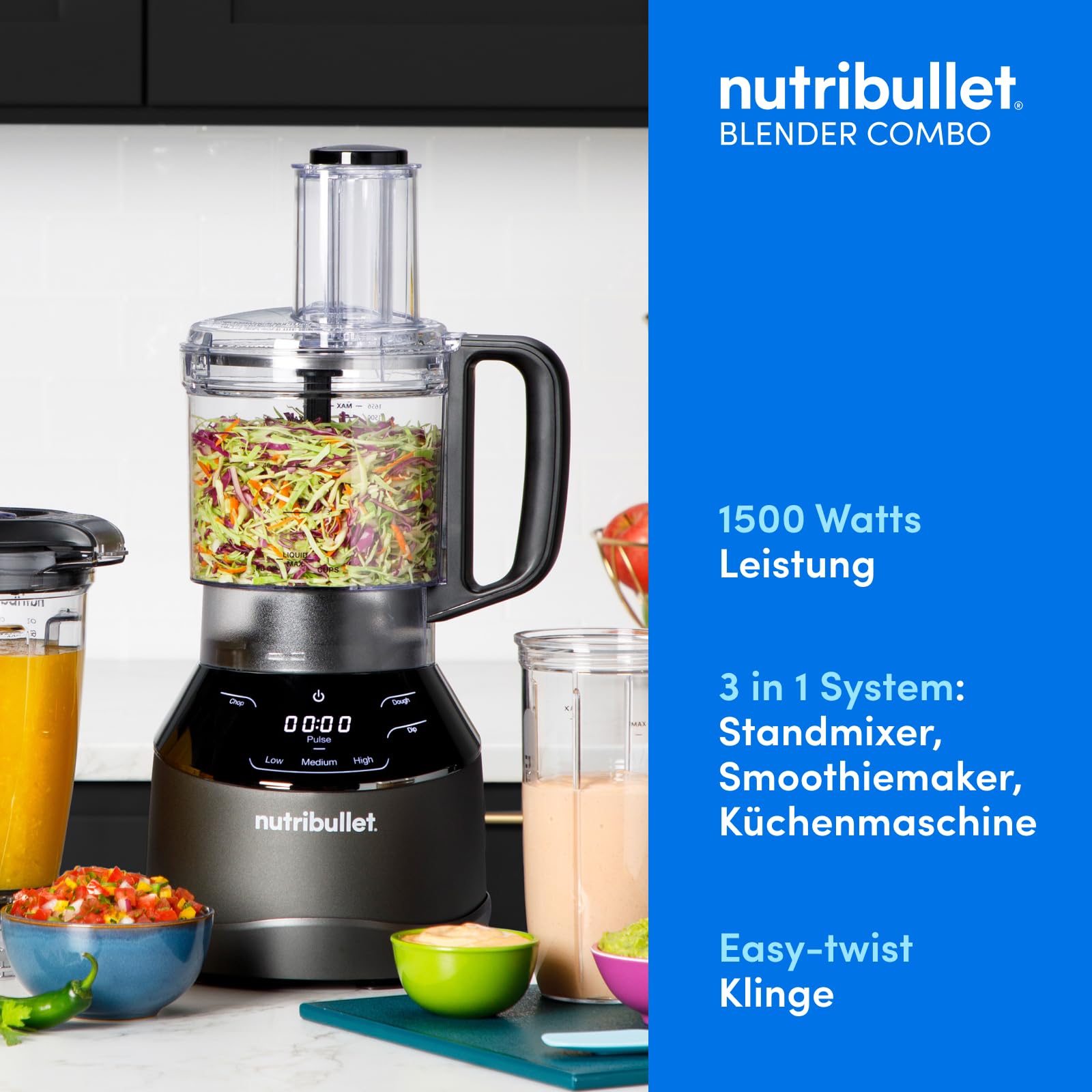 nutribullet Full Size Blender Combo, Elektrischer Mixer, Multifunktionaler Zerkleinerer, Profi, 1200 Watt Leistung, 1,89l Krug, 946ml und 710ml Gläser, schwarz, NBF580B