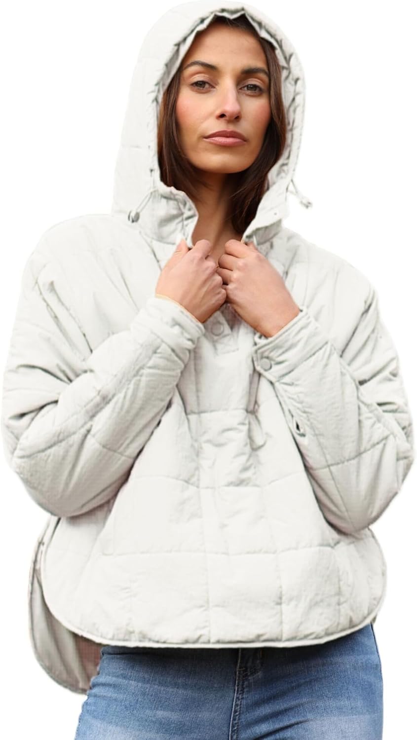 Women's Pullover Puffer Jacket Quilted Lightweight Dolman Sleeve Button Down Hooded Padded Coat with Pocket