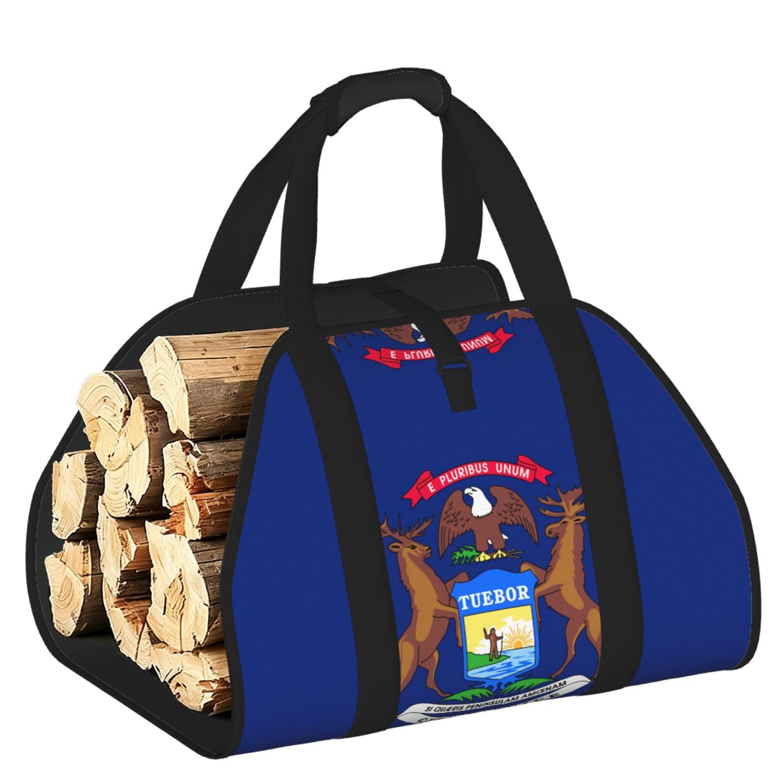 Michigan State Flag Printed Firewood Carrier Bag, Log Tote with Open-Ended Design for Camping Outdoor Wood Hauling