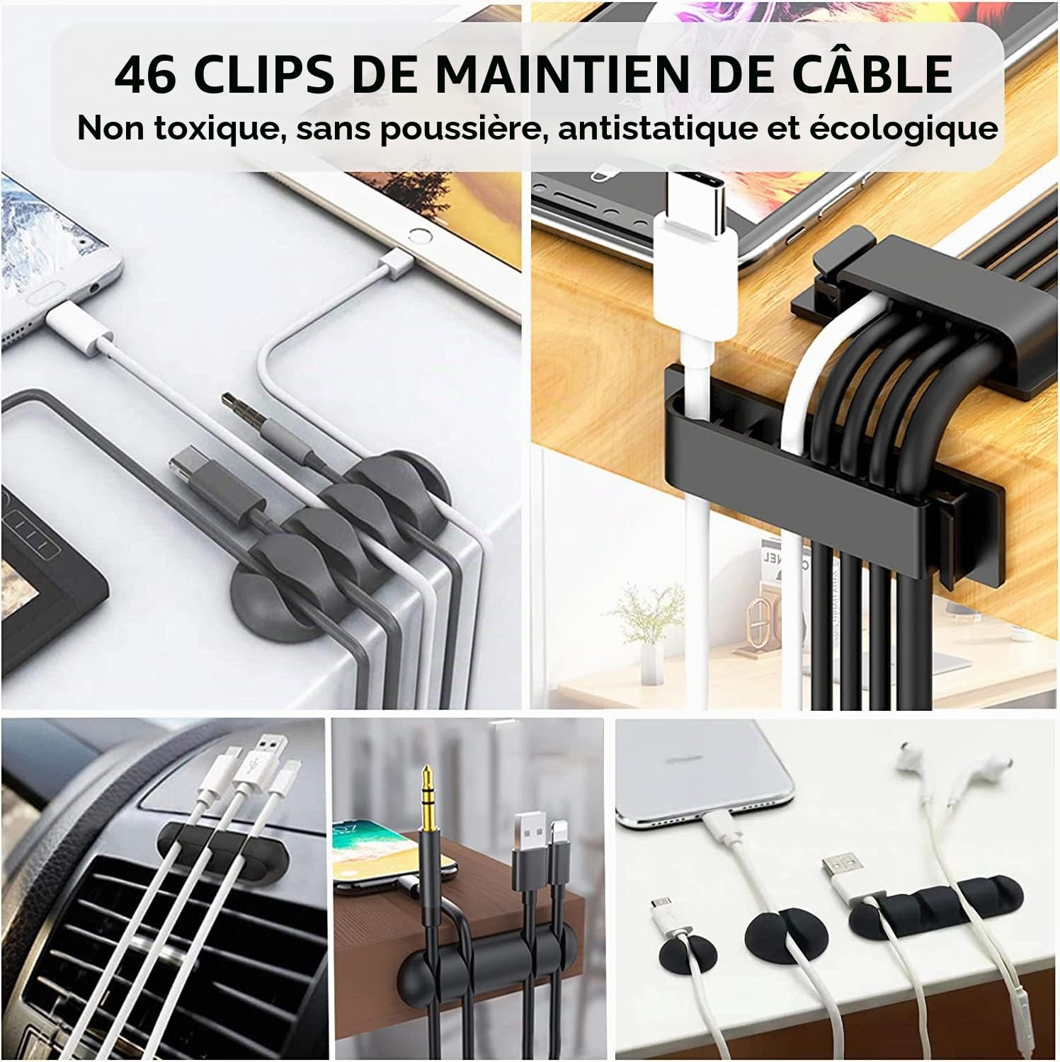 N NOROCME Kit de câbles 192 pièces – Manchon de rangement, supports, clips, sangles et attaches pour ordinateur et télévision sous le bureau – Noir