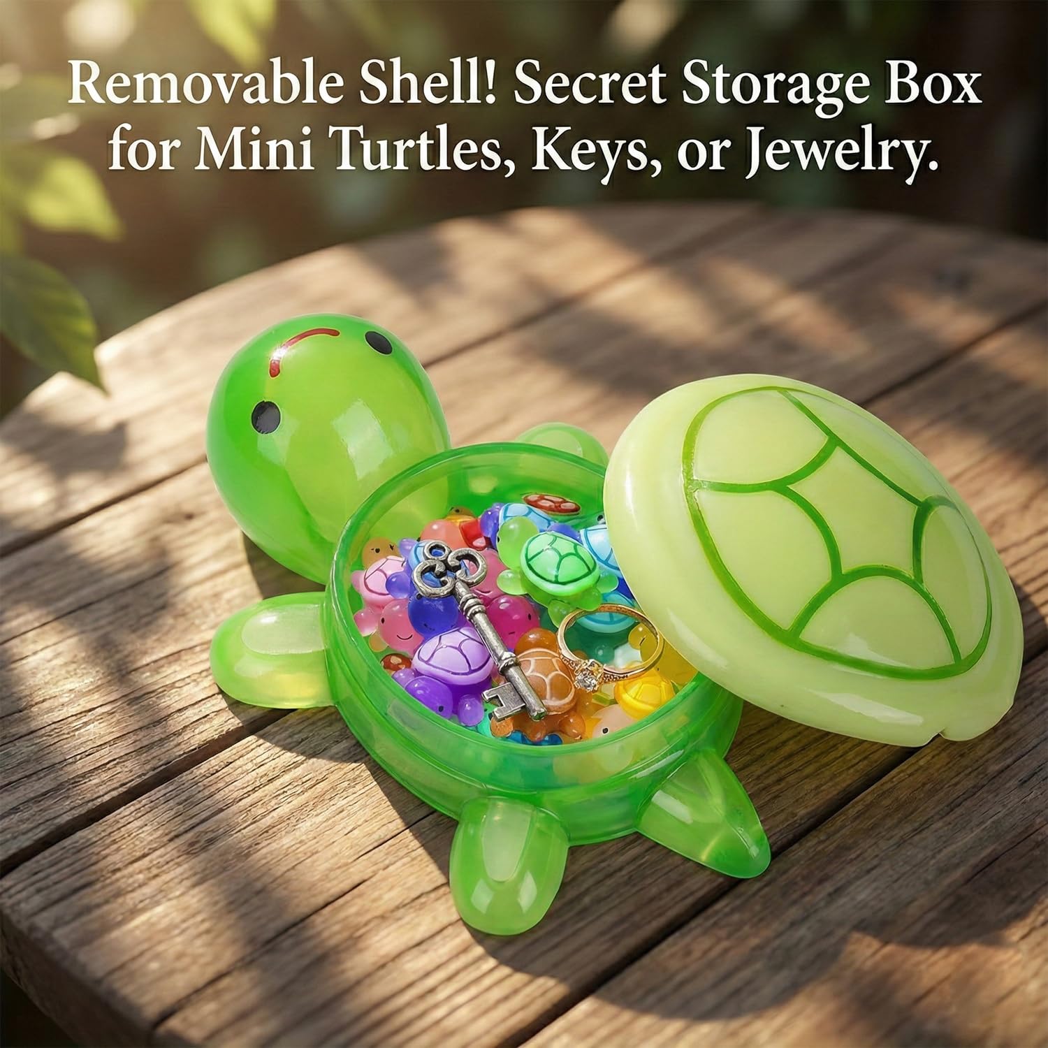 Famille de tortues lumineuses XXL : 1 x grande tortue mère (17 cm, avec compartiment de rangement) + 50 x mini tortues phosphorescentes – Décoration en résine résistante aux intempéries pour
