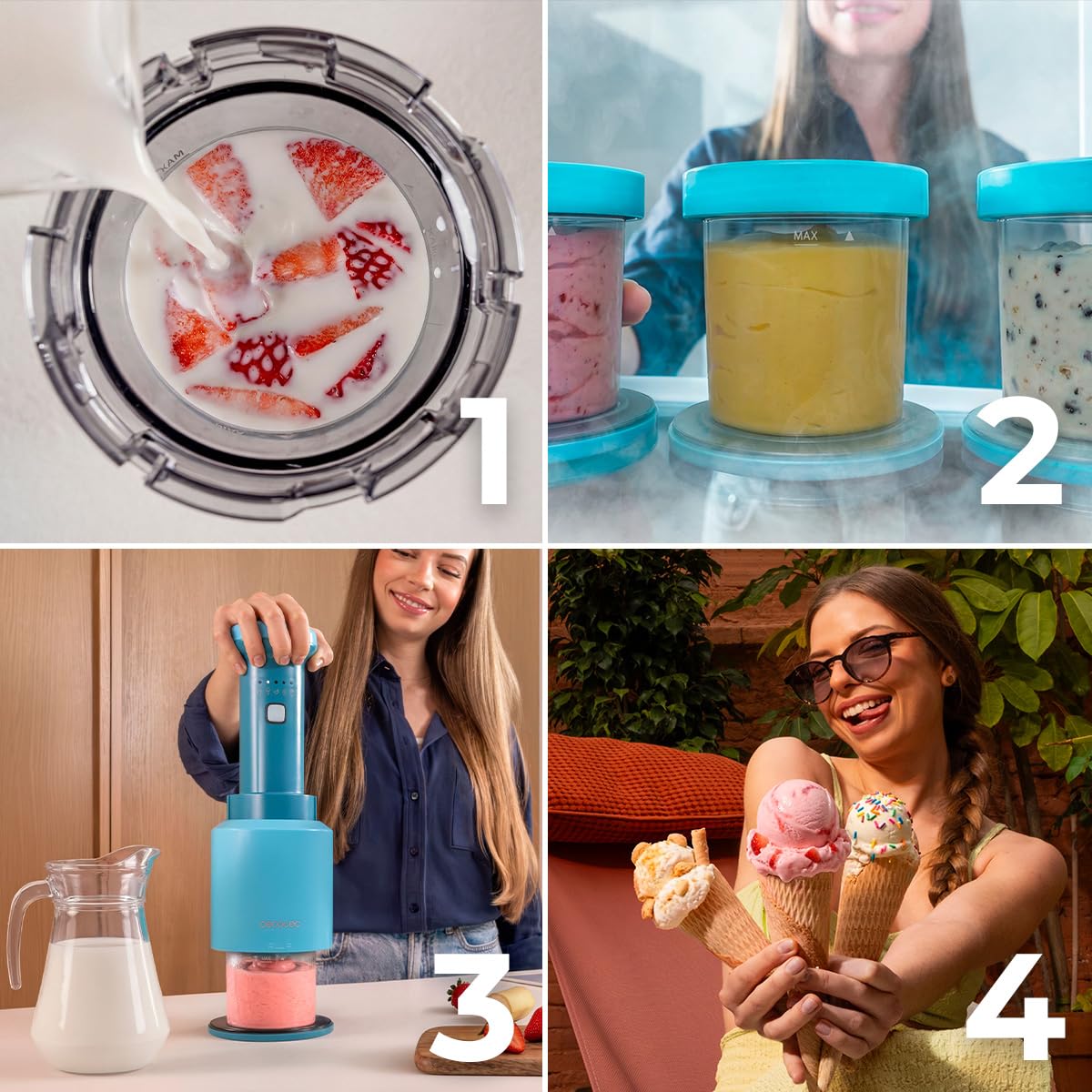 Cecotec Eismaschine Gelatec EasyMove, 5 Programme für Eis, Sorbet, Mix-ins, Slush und Shake, vertikales Rührsystem, Eis in 5 Min, 3x 260 ml Becher, Klinge abnehmbar, spülmaschinenfest, mit Deckeln