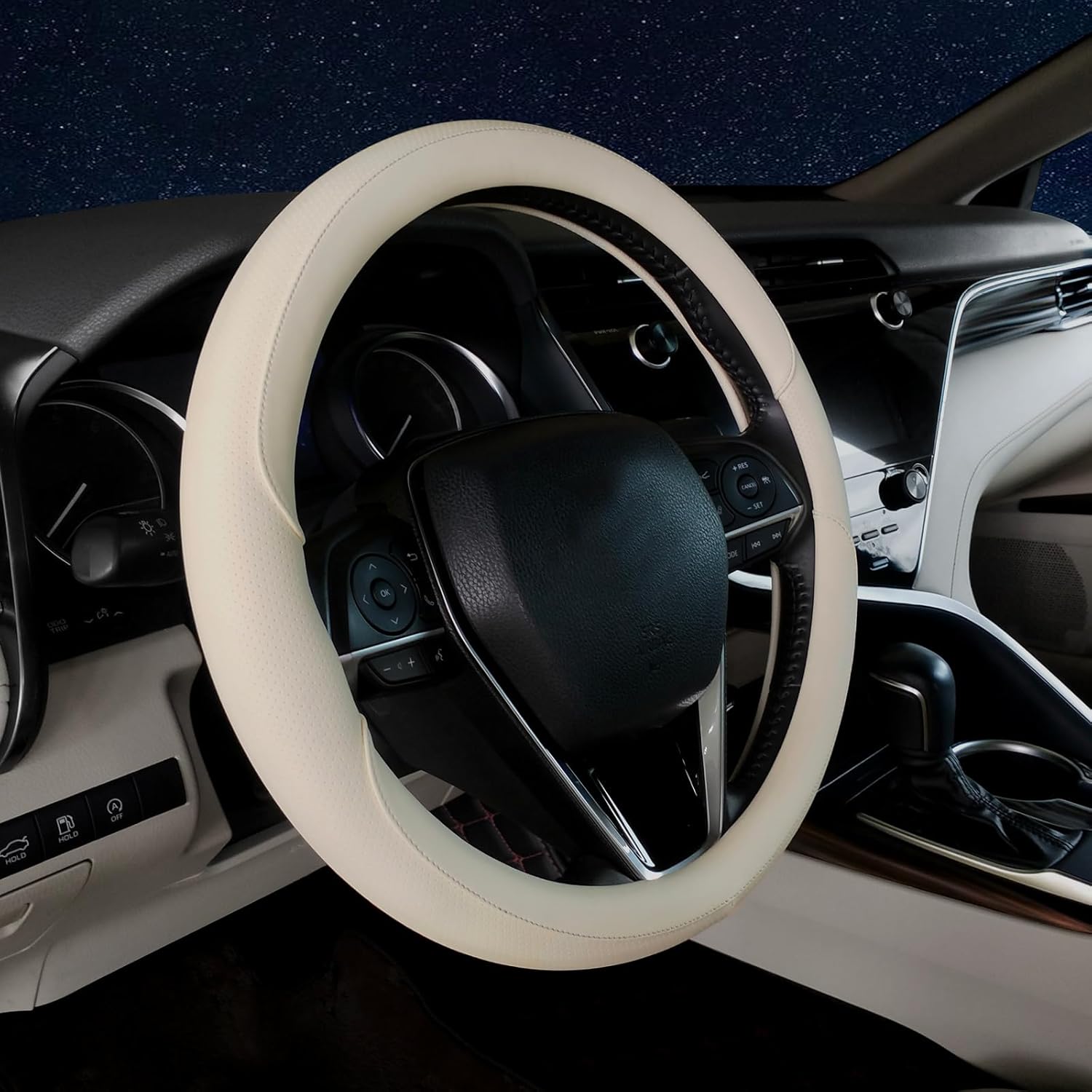 Steering Wheel Cover Universal Standard Size 14.5-15 inch, Breathable Microfiber Leather, Anti-Slip, Soft Grip, Fits Most Cars SUVs Trucks, Cream White